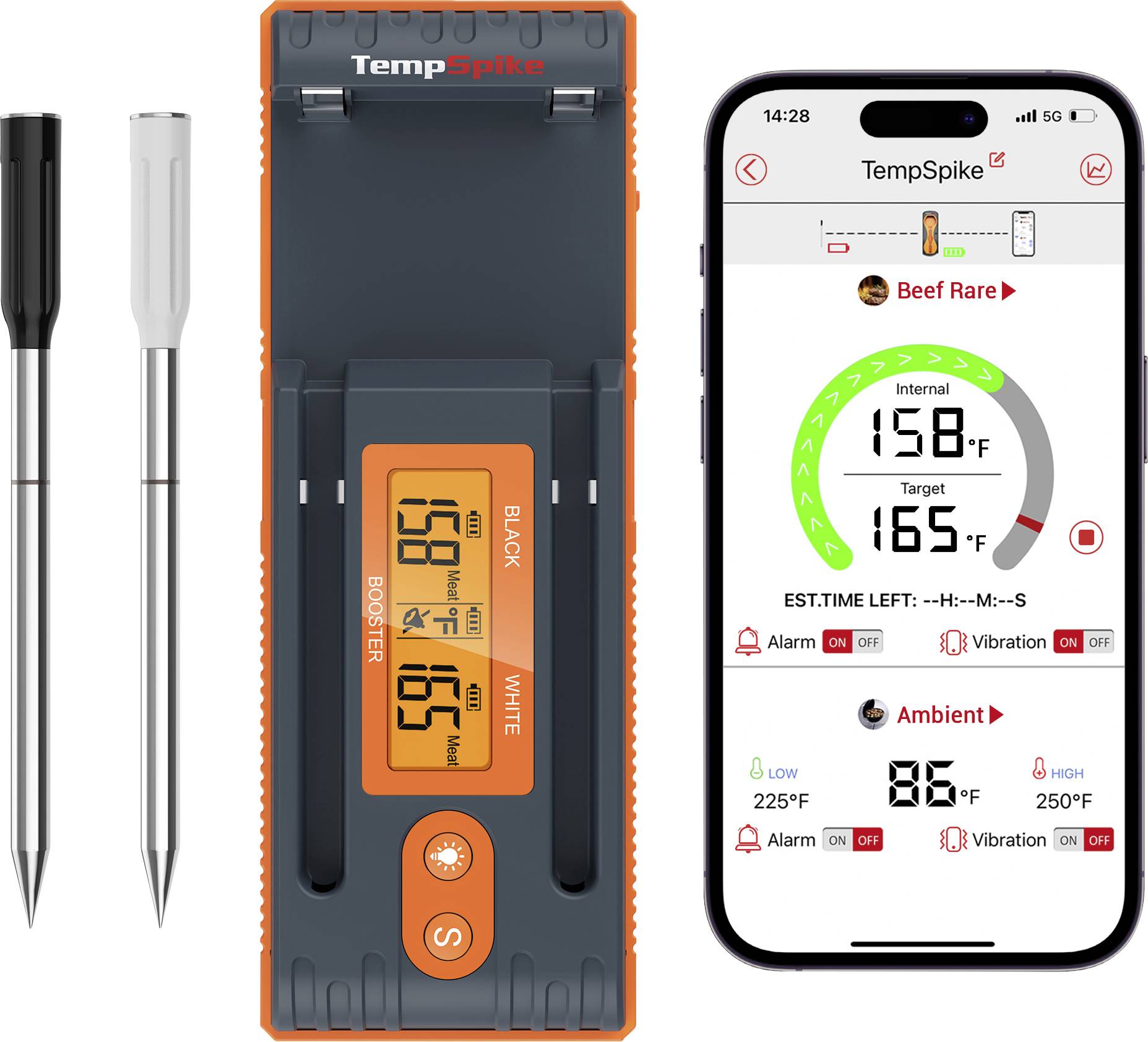 TempSpike wireless meat thermometer with two probes, charging base, and phone app showing beef rare internal temperature and target reading.