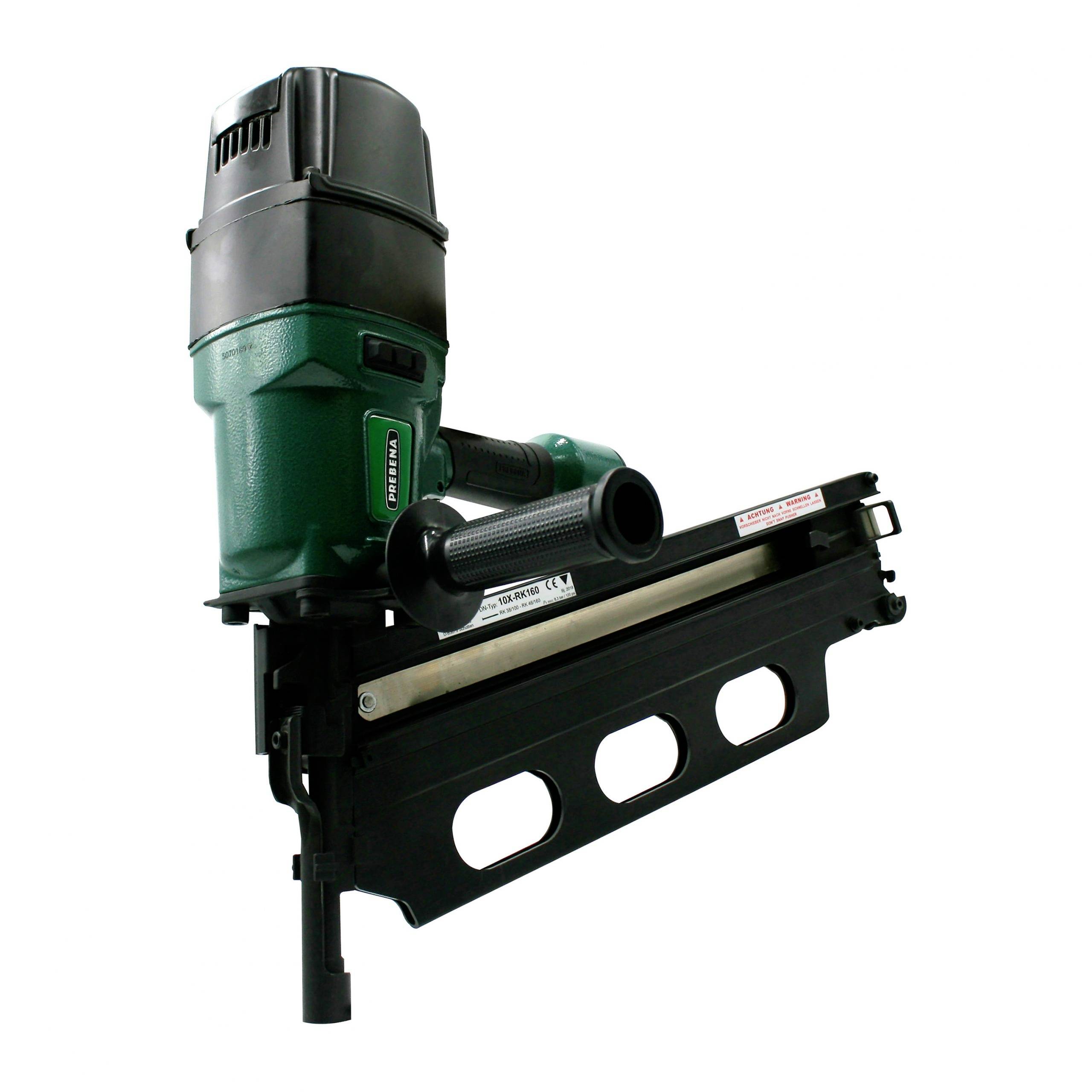A pneumatic nail gun with a green and black body, angled side view on a white background.