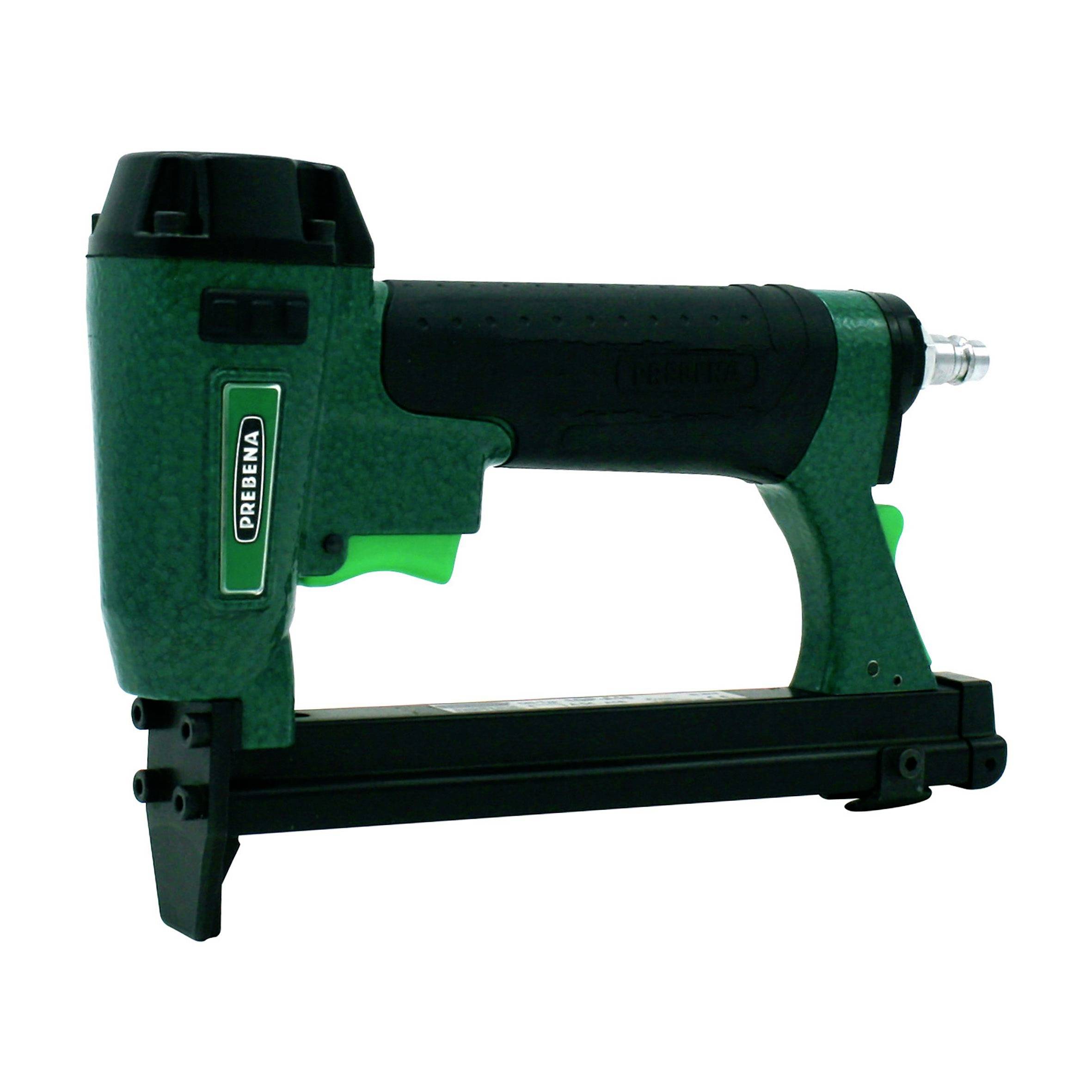 Green pneumatic stapler with black handle, shown in side view on a white background.