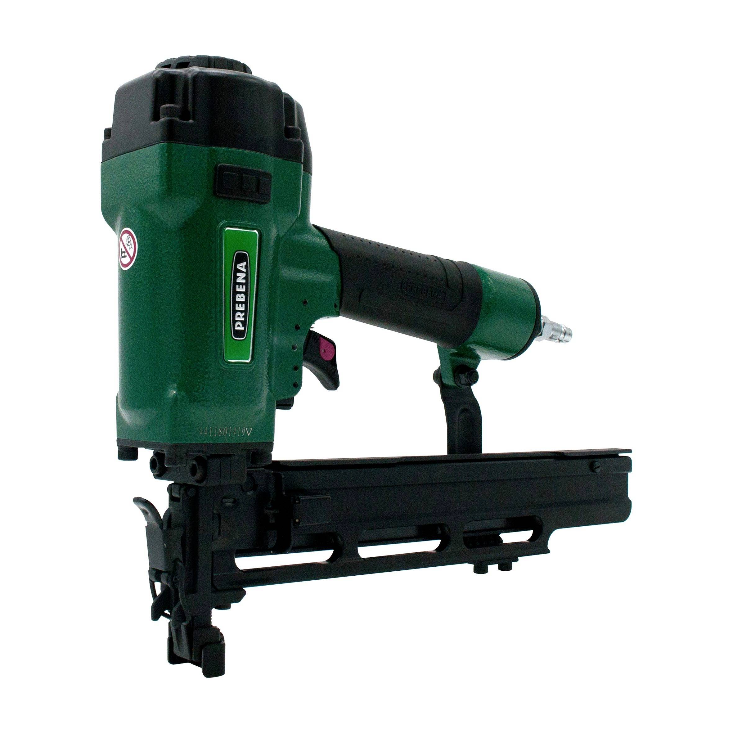 Green and black pneumatic nail gun angled left on a white background.