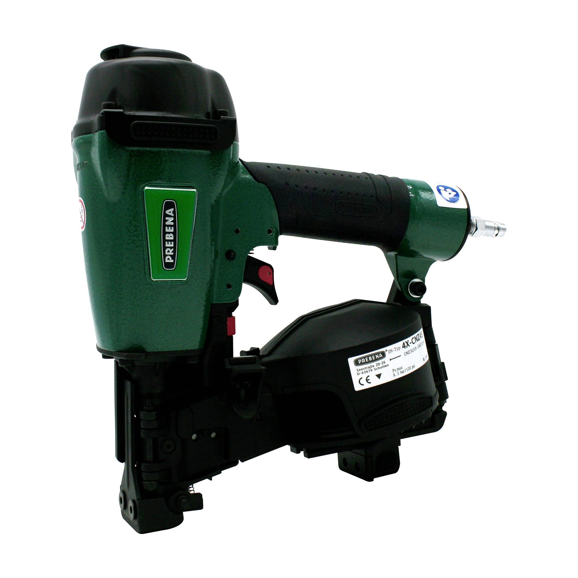 Green and black pneumatic nail gun on a white background, shown in side view with a visible brand label.