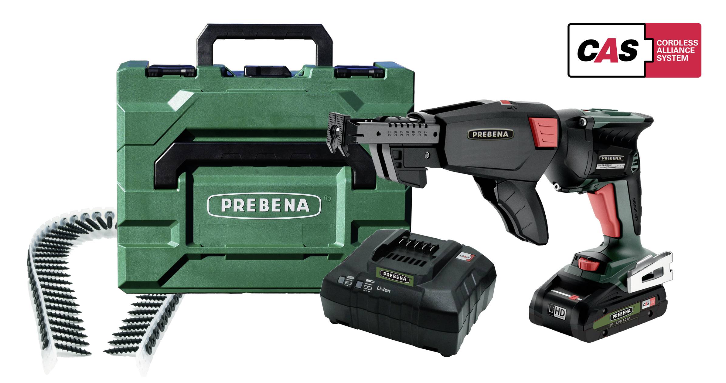 PREBENA cordless nailer kit with green carrying case, battery, charger, and coiled fasteners; CAS Cordless Alliance System logo shown.