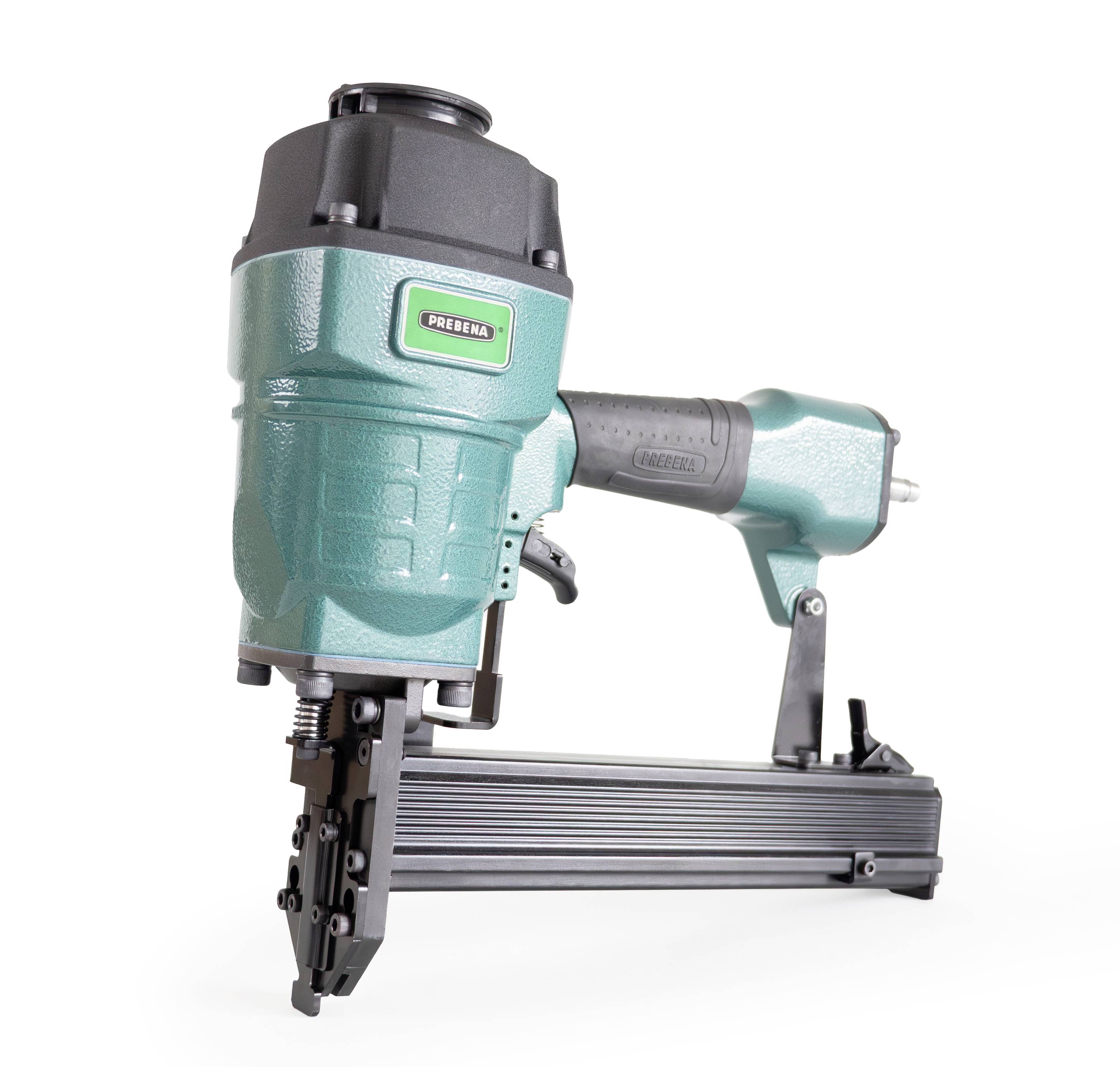 A green and black pneumatic nail gun with a magazine and handle, shown on a white background.