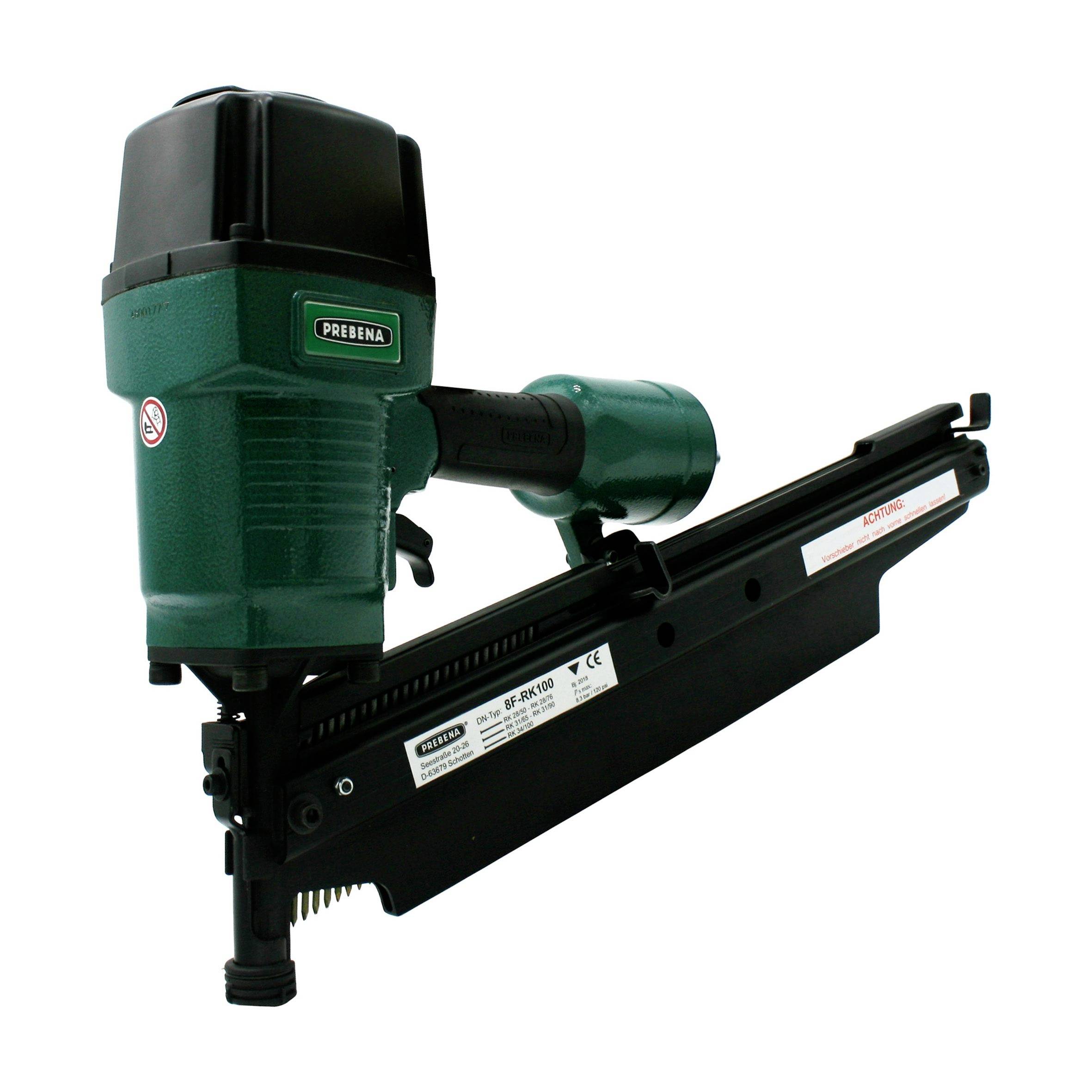 Green and black pneumatic nail gun or stapler shown in profile on a white background.
