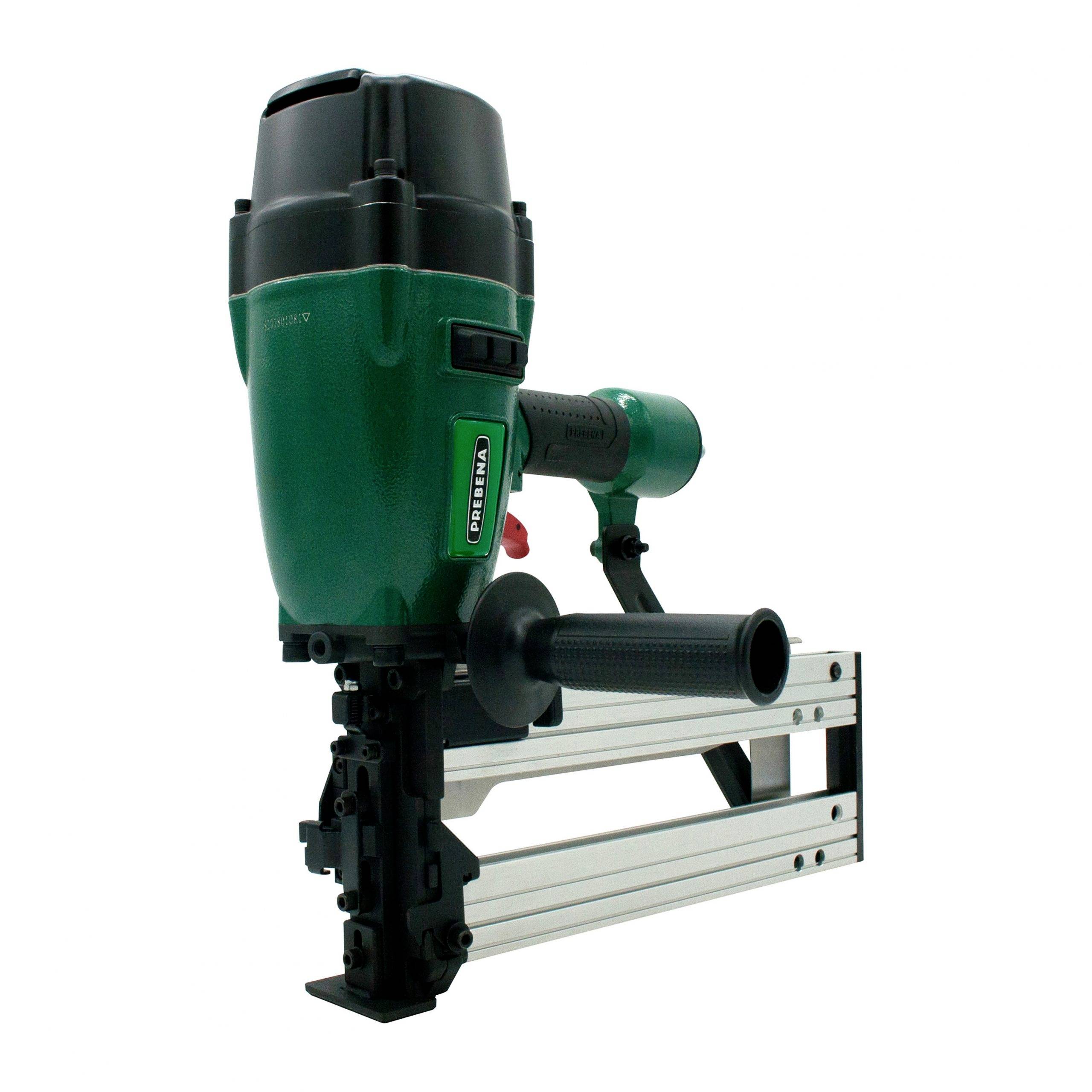 Green pneumatic nail gun with a long metal magazine and side handle, shown on a white background.