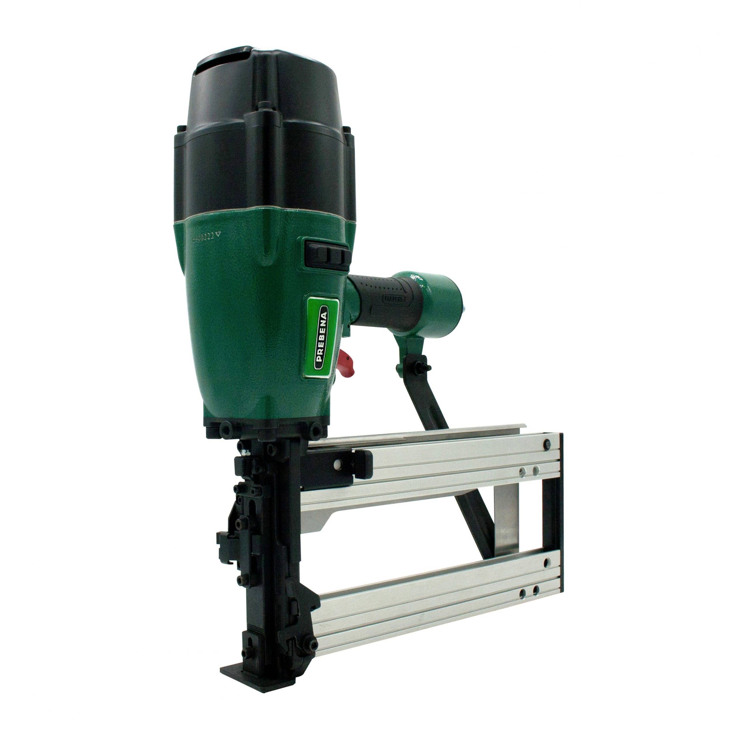 Green and black pneumatic nail gun with a long magazine, shown in side view on a white background.