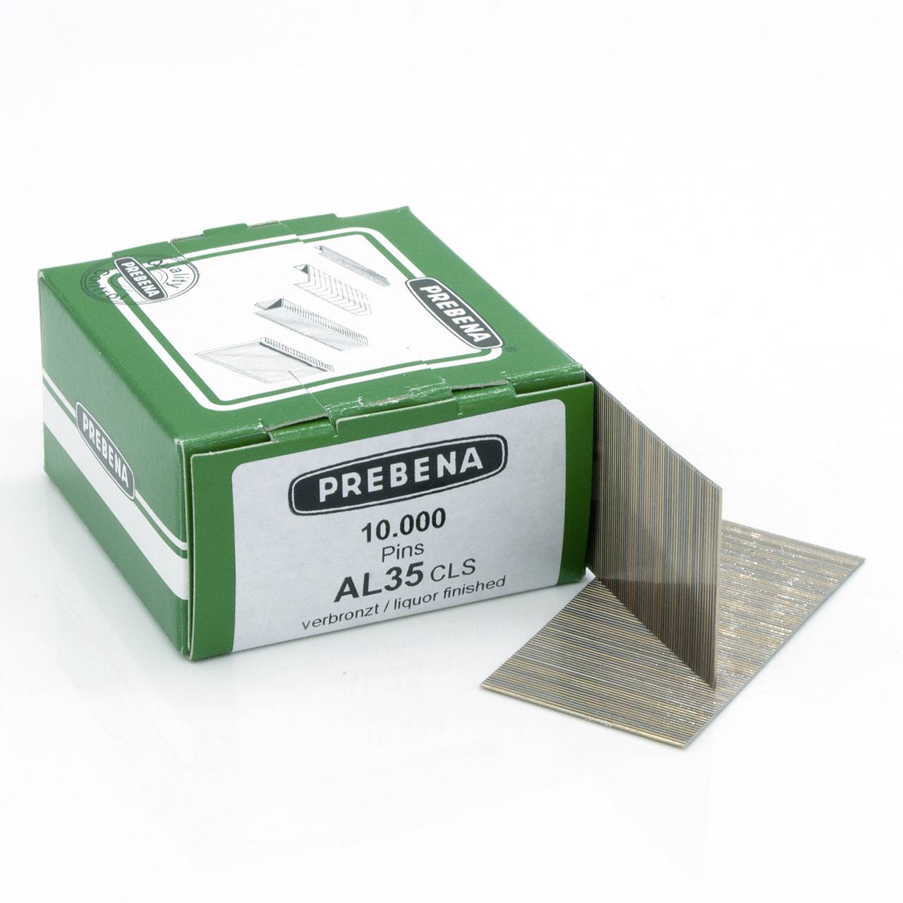 Green PREBENA box of 10,000 AL35 CLS brad pins with a sample strip of nails standing beside it.