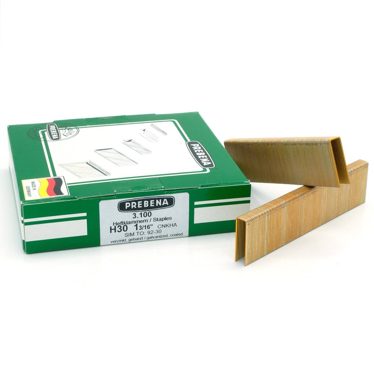 Box of Prebena 3.100 H30/18-12 staples, with two gold-colored staple strips shown beside it.