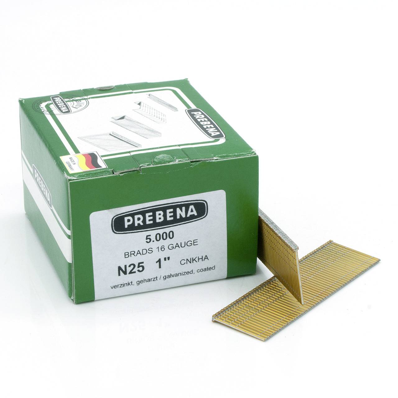 Green PREBENA box of 16-gauge brad nails with an open strip of nails beside it.
