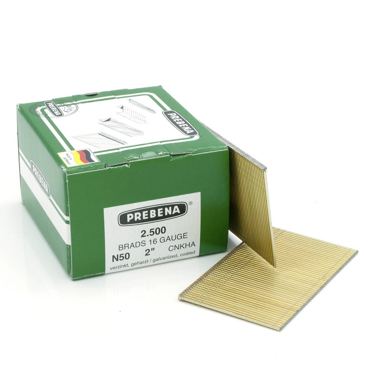 Green PREBENA box of 2,500 16-gauge 2-inch brads, with a strip of gold nails extended beside it.