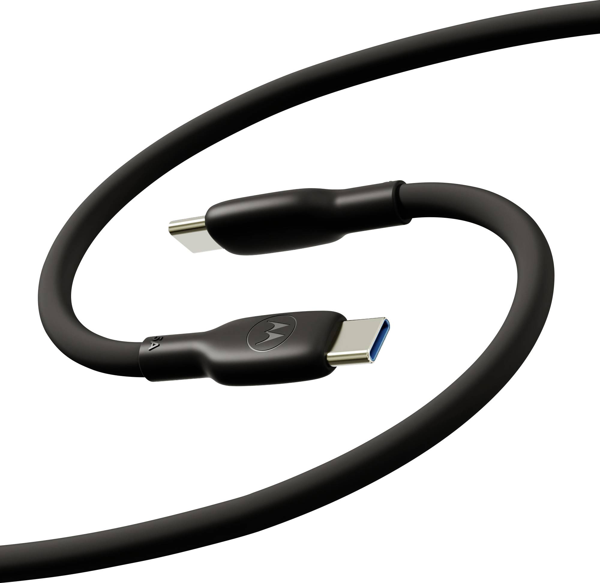 Black USB-C cable with Motorola logos, shown coiled on a white background, with one USB-C and one smaller connector visible.