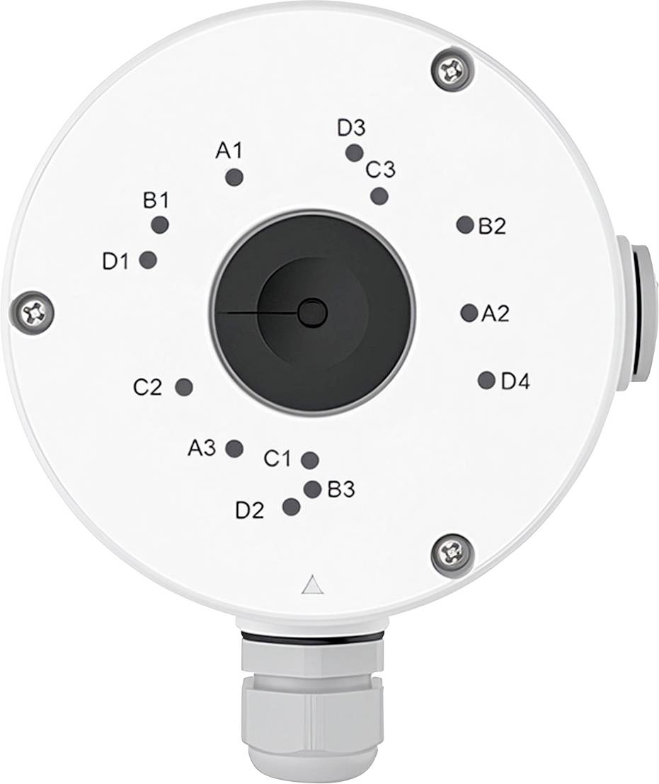 Circular sensor or connector face labeled with eight terminal points (A1-D4) around a central port, with a cable gland at the bottom.