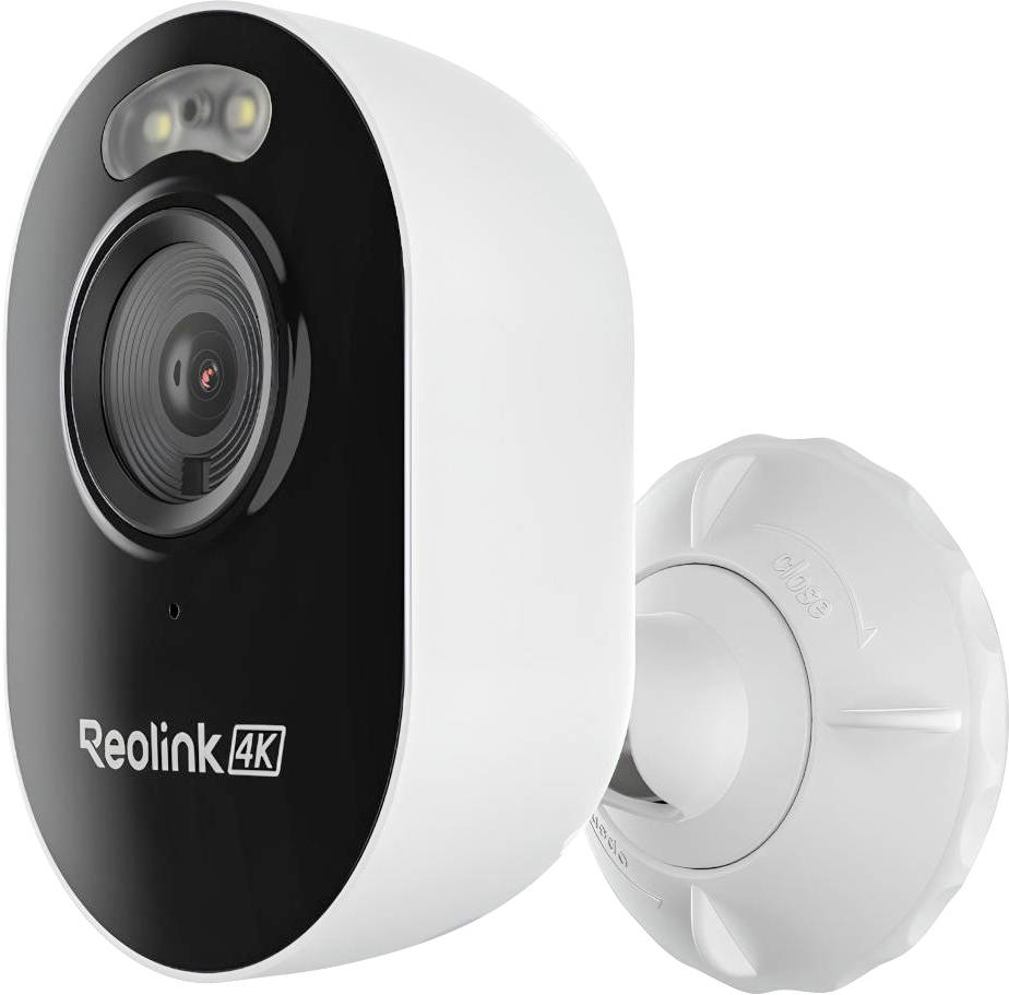 Reolink 4K security camera with white mount, shown front-facing on a plain background.