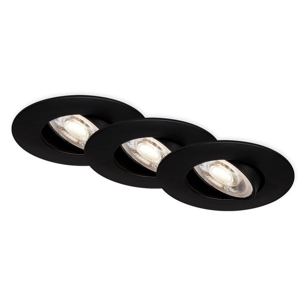 Three black recessed ceiling lights arranged in a row on a white background, with visible lit bulbs.