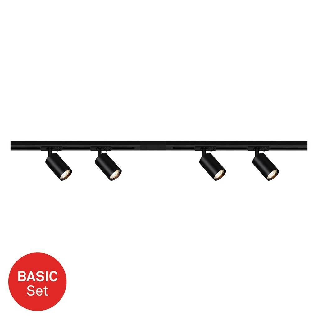 Black track lighting rail with four adjustable spotlights; red badge reads 'BASIC Set'.