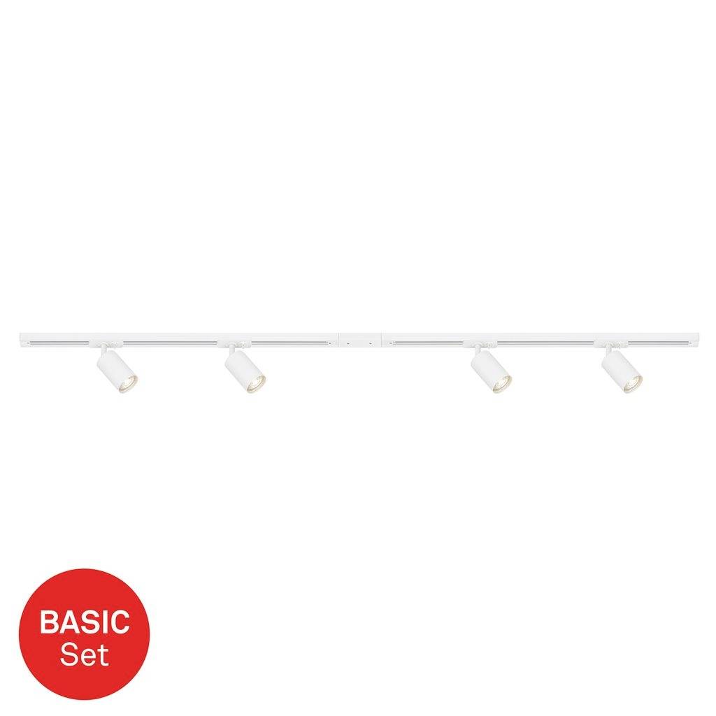 White ceiling track light with four adjustable spotlights; red badge reads 'BASIC Set'.