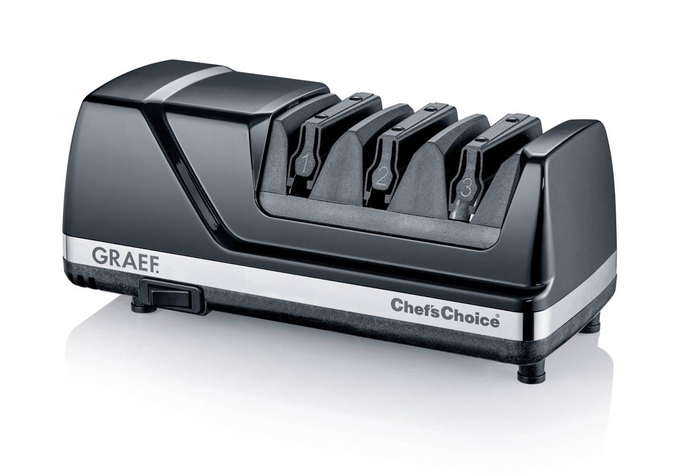A black and silver Graef Chef'sChoice knife sharpener with three sharpening slots, shown on a white background.