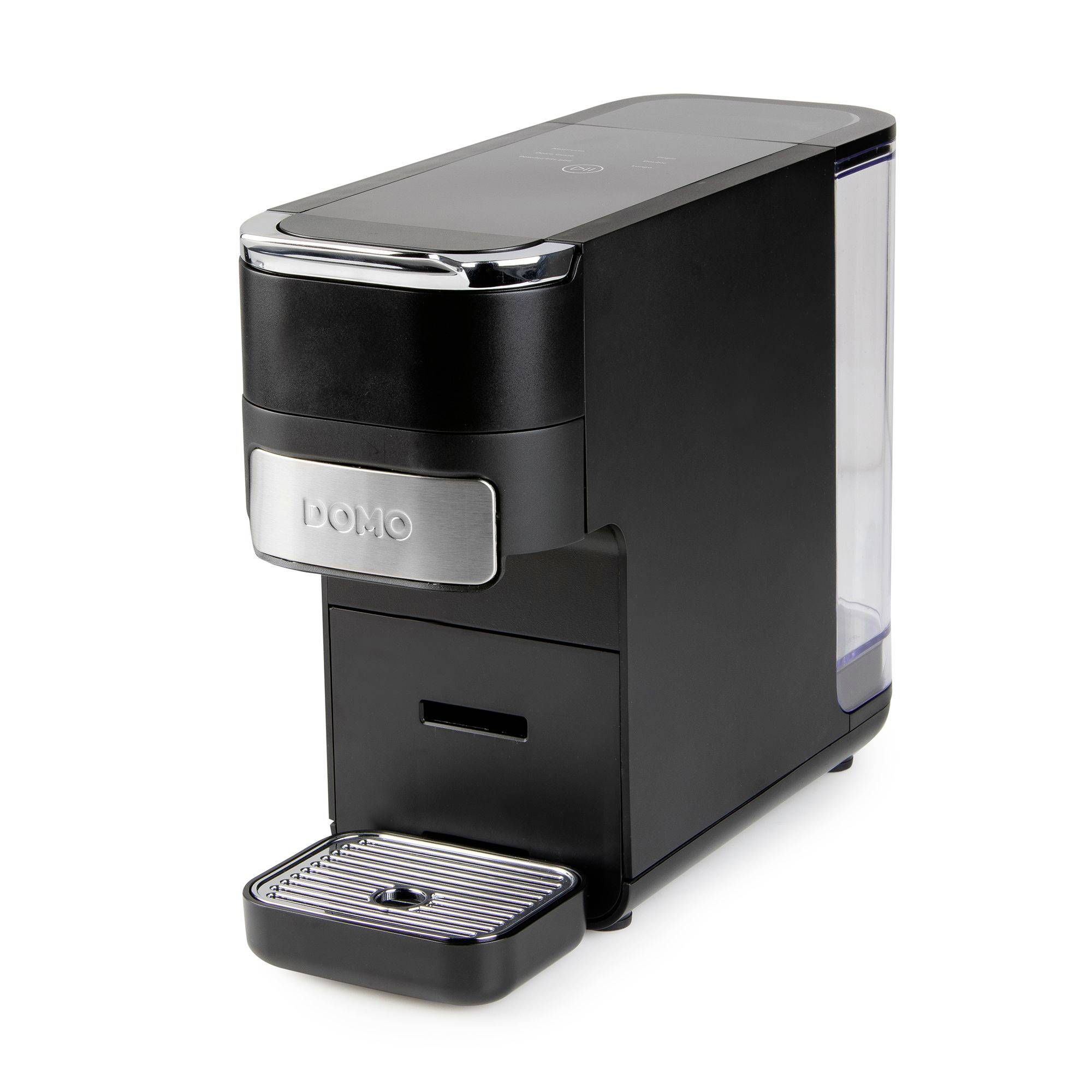 Black DOMO countertop coffee machine with drip tray and side water reservoir on a white background.