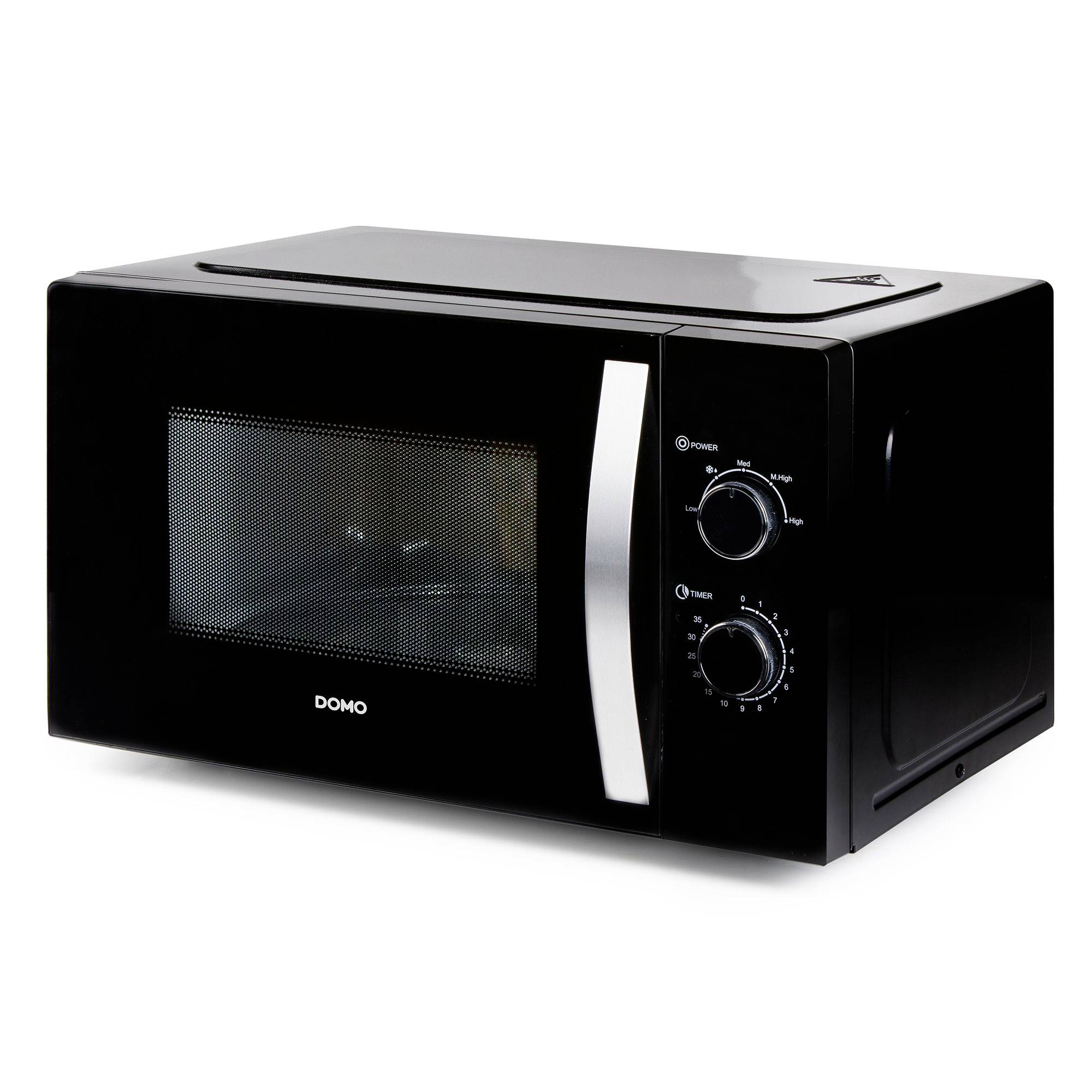 Black countertop microwave oven with front window, two control dials, and silver vertical handle on the right