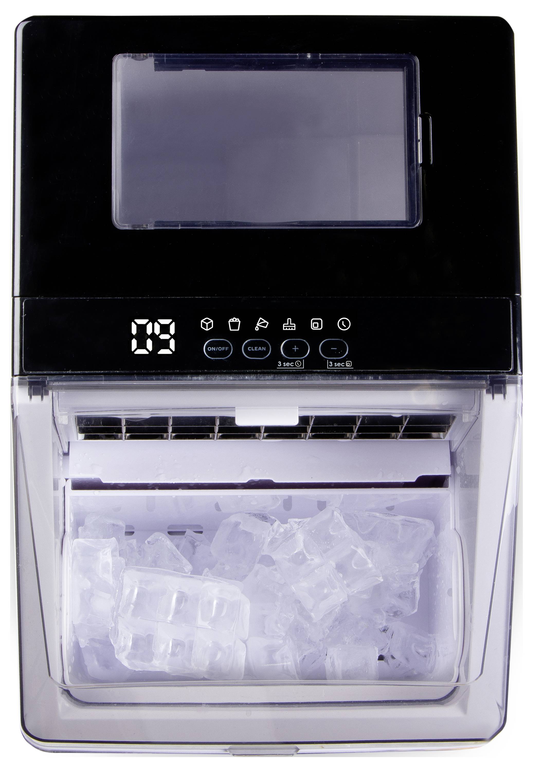 Front view of a countertop ice maker with a digital display showing '09' and a bin filled with ice cubes.
