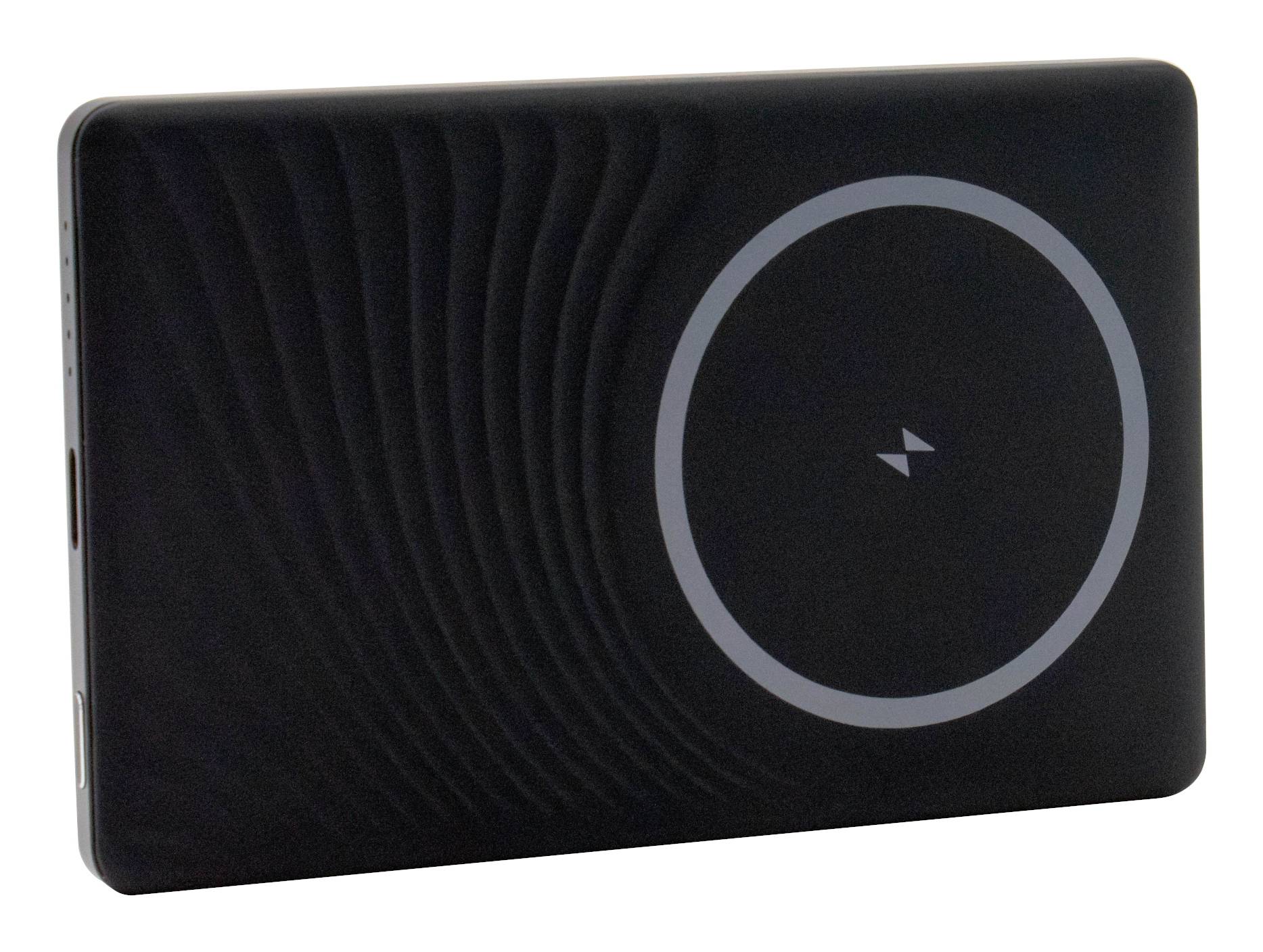 Black wireless charging pad with a circular charging target and lightning symbol on a plain white background.