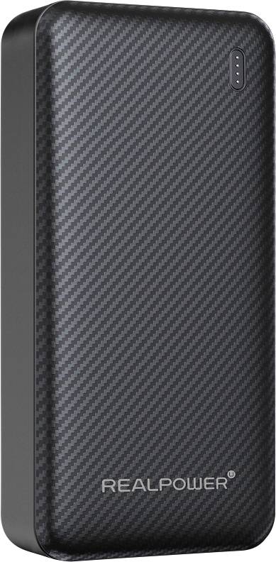Black RealPower portable power bank with carbon-fiber pattern and LED battery indicator.
