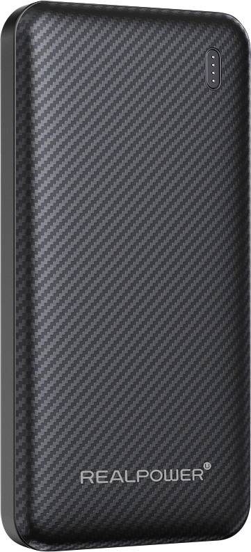 Black carbon-fiber patterned REALPOWER portable power bank with rounded corners and LED charge indicator.