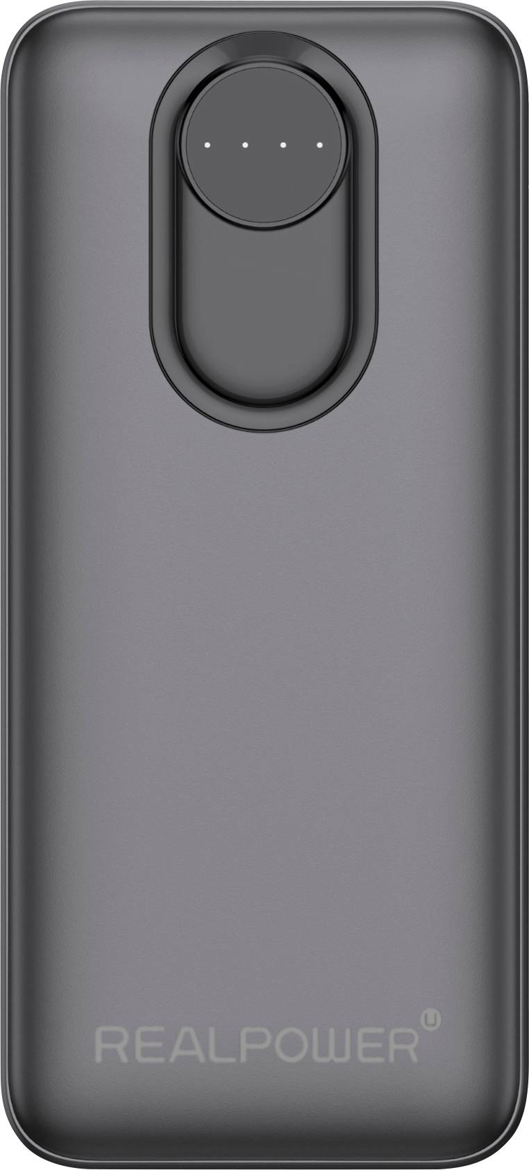 Gray RealPower power bank with a circular button and 'REALPOWER' logo at the bottom.