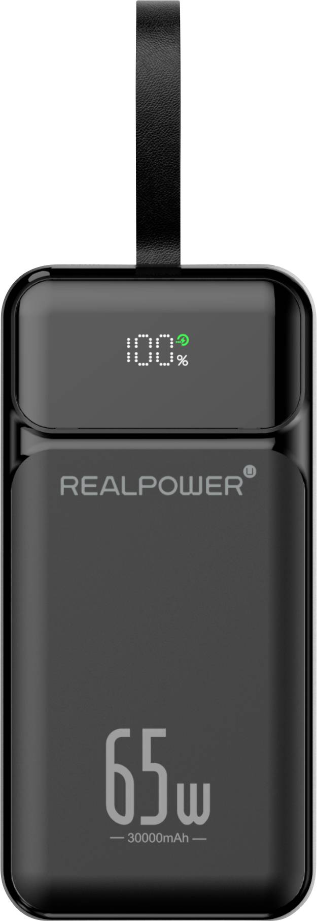 Black REALPOWER power bank with a digital battery display showing 100% and a built-in strap, labeled 65W and 30000mAh.