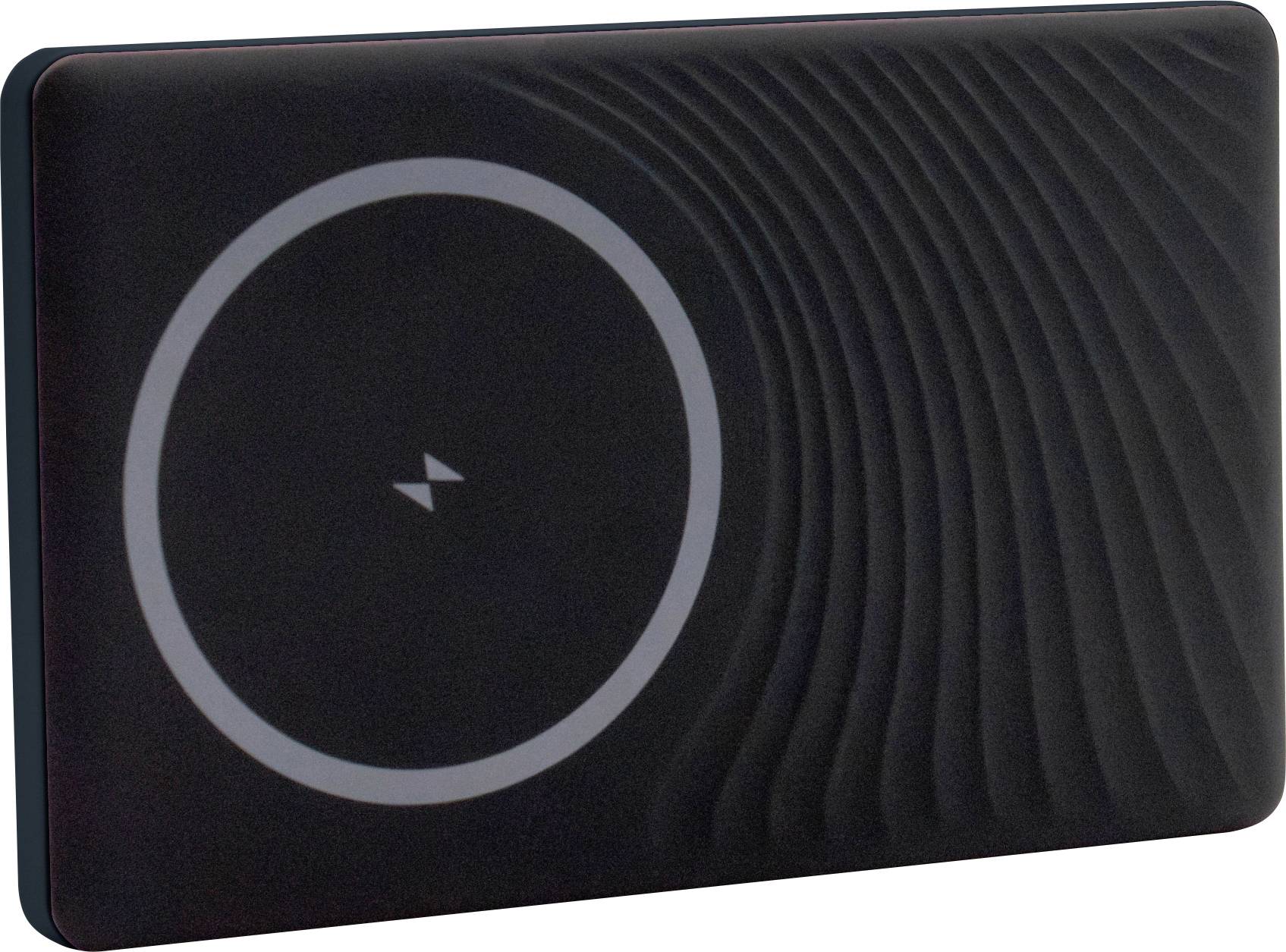 Black rectangular wireless charging pad with a large gray circle indicating phone placement.
