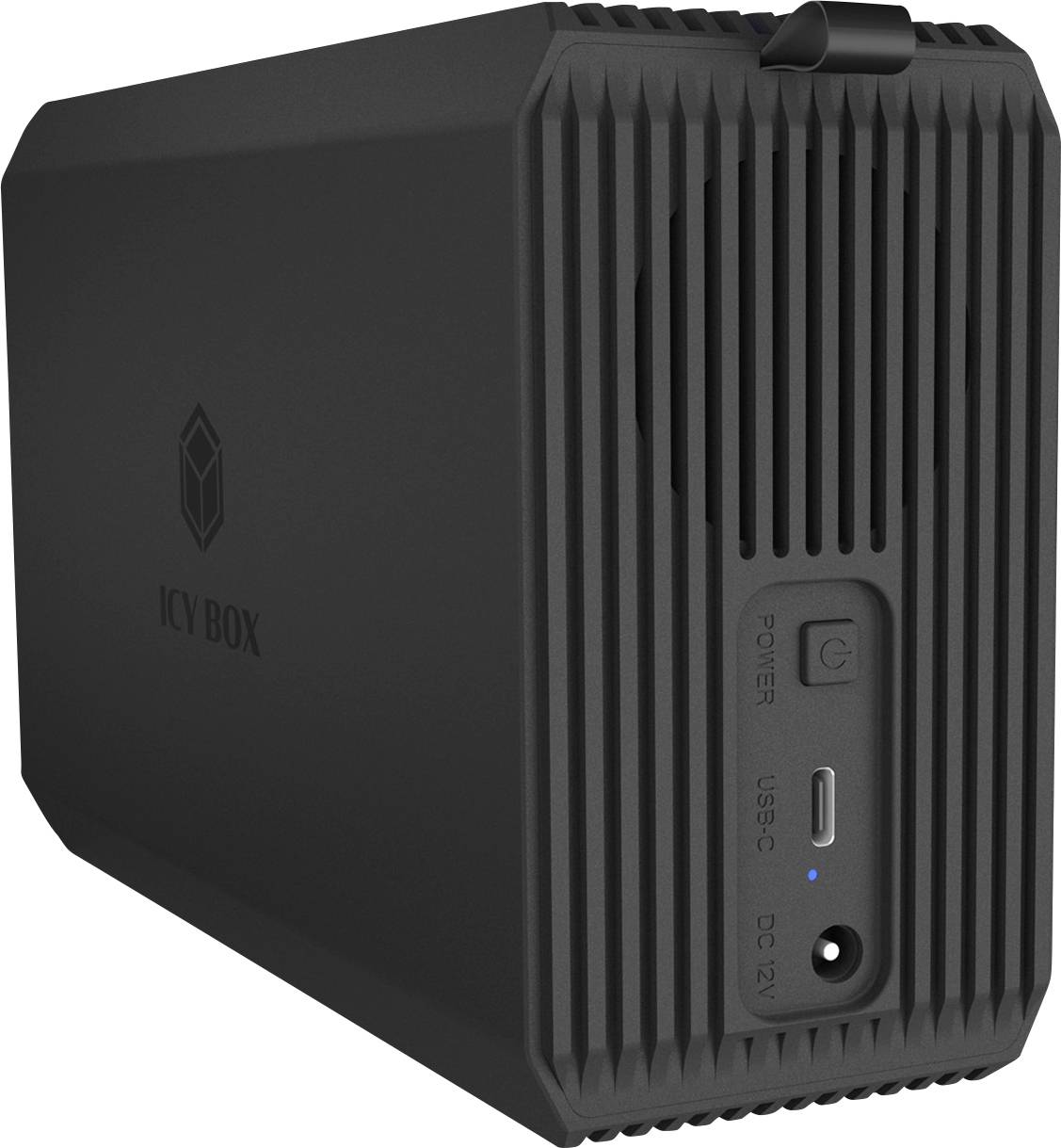 Black ICY BOX device with vertical front vents, power button, USB-C port, and DC 12V input on the front panel.