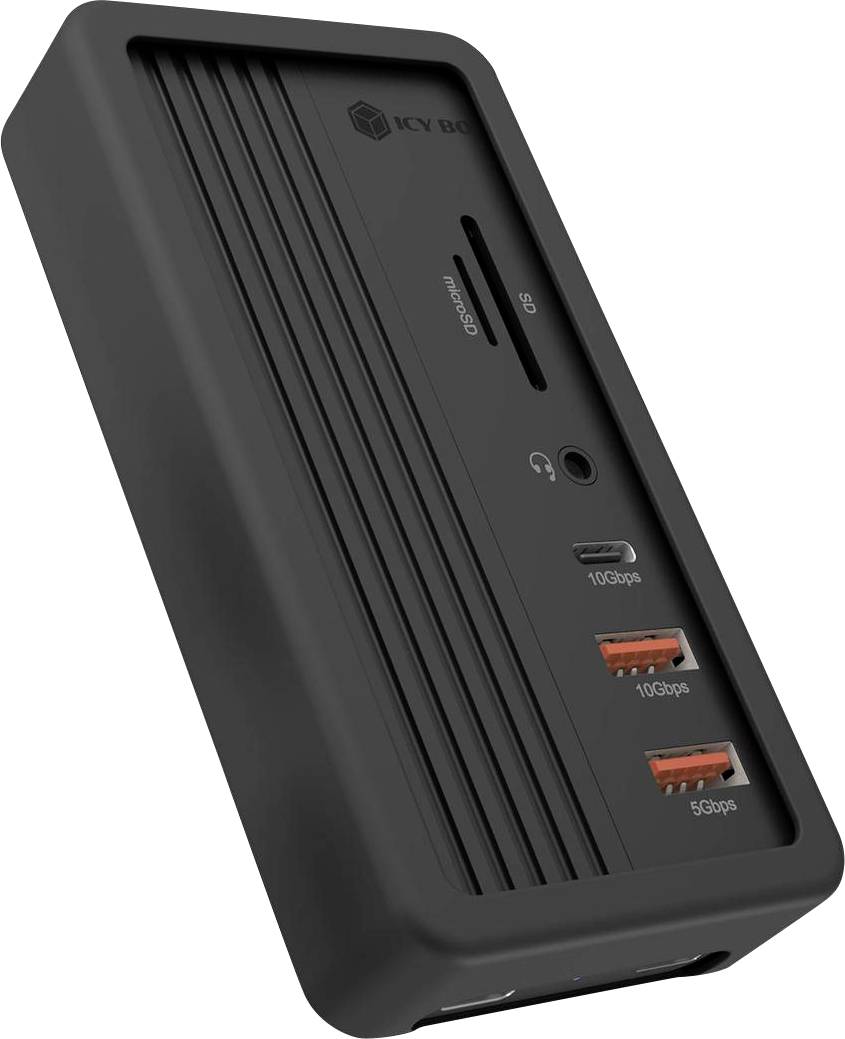 Black ICY BOX external drive enclosure with USB-C and front SD/microSD card slots plus two USB-A ports, shown at an angle.