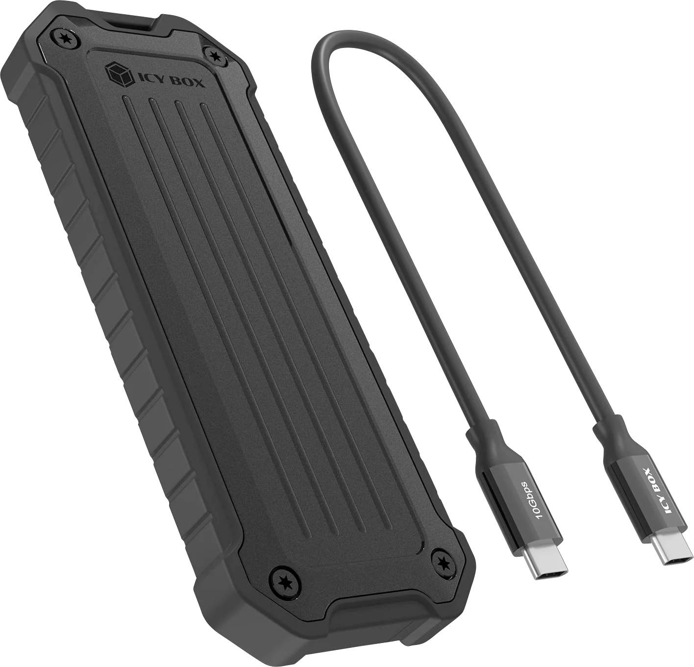 Black ICY BOX external SSD enclosure with USB-C cable shown on a white background.
