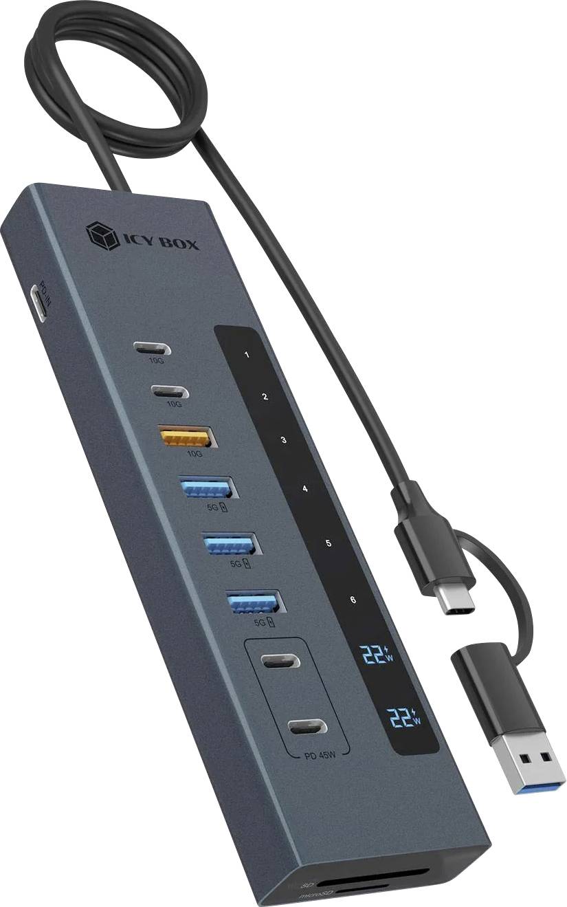 Portable USB-C hub/docking station with attached cables, multiple ports including USB-A, USB-C, and card slots, plus small LED temperature displays.