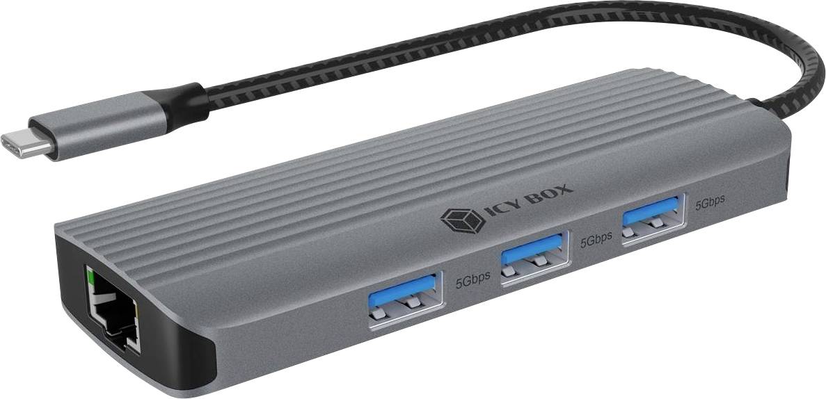 Gray USB-C multiport adapter with Ethernet port, two USB-A ports, and a USB-C connection cable.