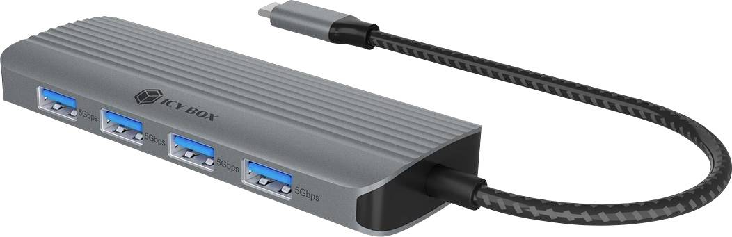 Compact gray IC BOX USB hub with four blue USB ports and a braided cable on a white background