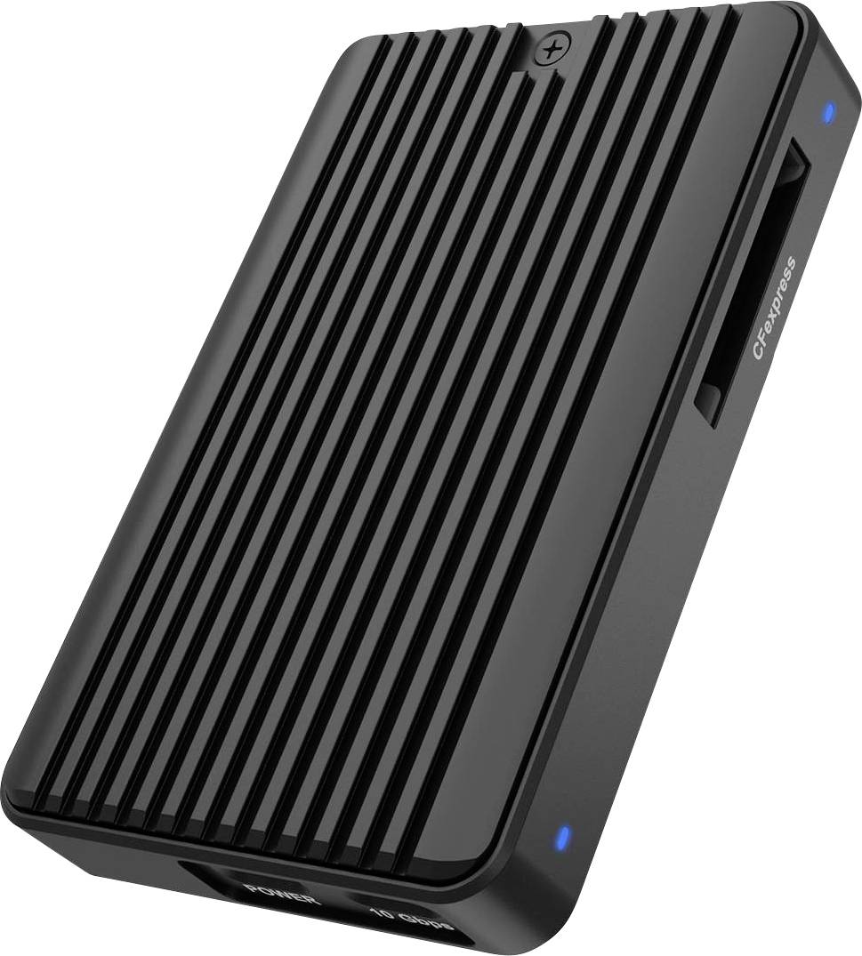 Black CFexpress memory card reader with ribbed casing and blue indicator lights, shown on a white background.