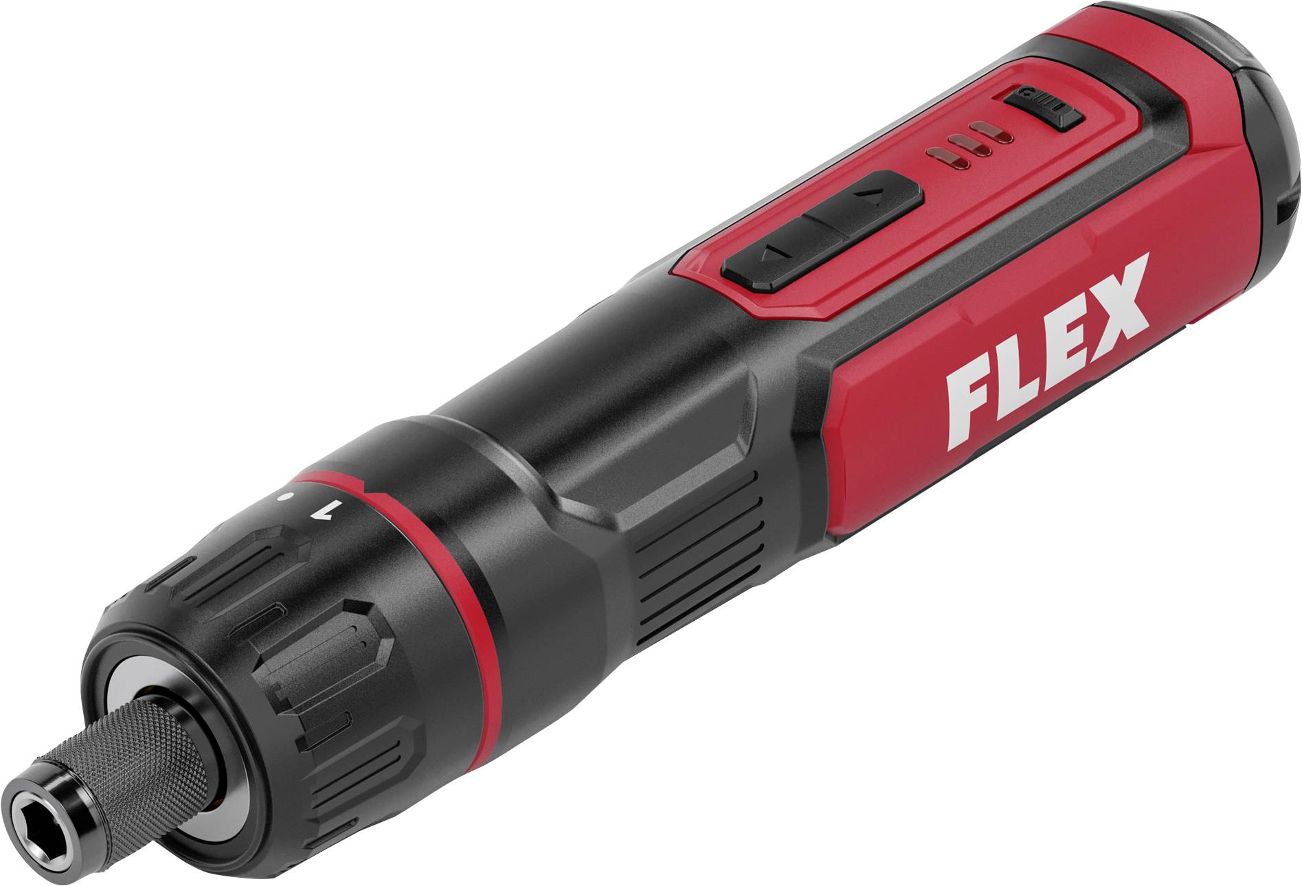 Red and black FLEX cordless rotary tool with chuck and speed controls, shown on a white background.