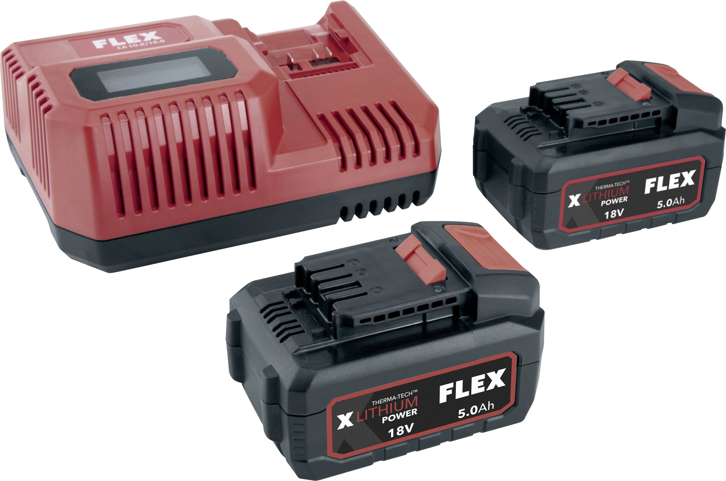 Red FLEX battery charger with two black 18V 5.0Ah lithium power tool batteries.