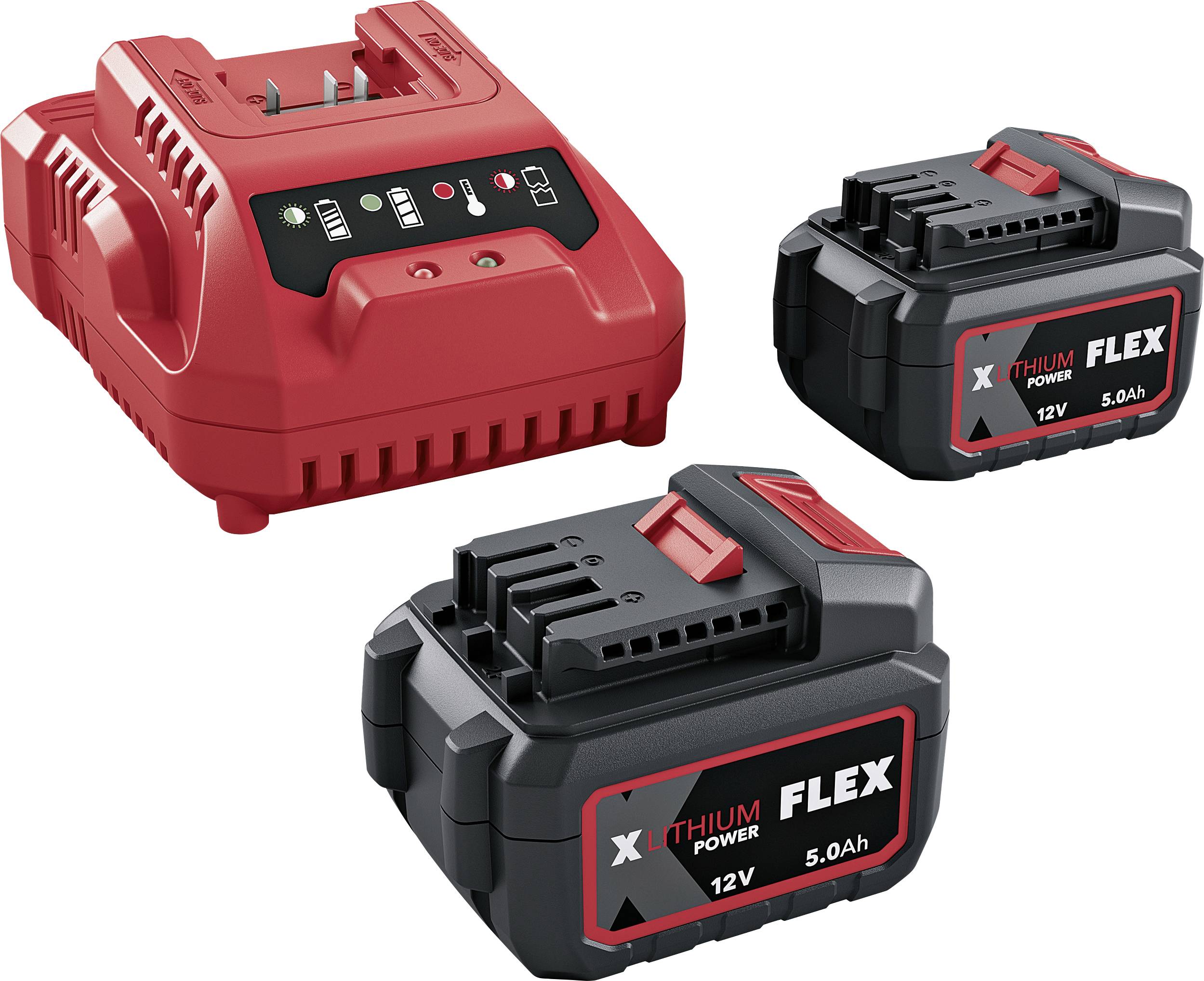Red battery charger with indicator lights and two black 12V 5.0Ah lithium power tool batteries.
