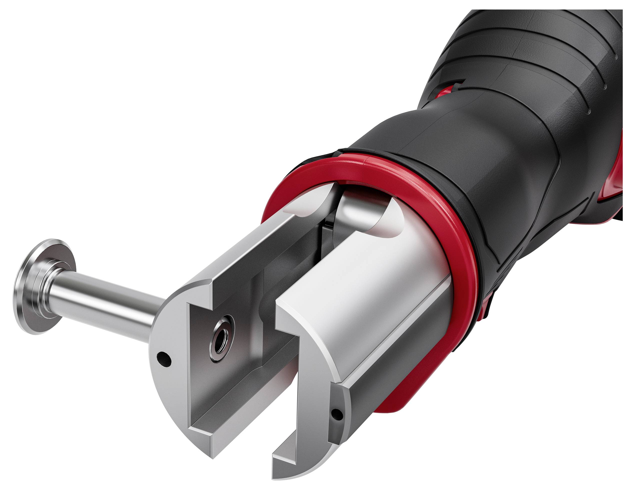Close-up of a black and red handheld power tool head with a metal blade holder and guide pin, shown on a white background.