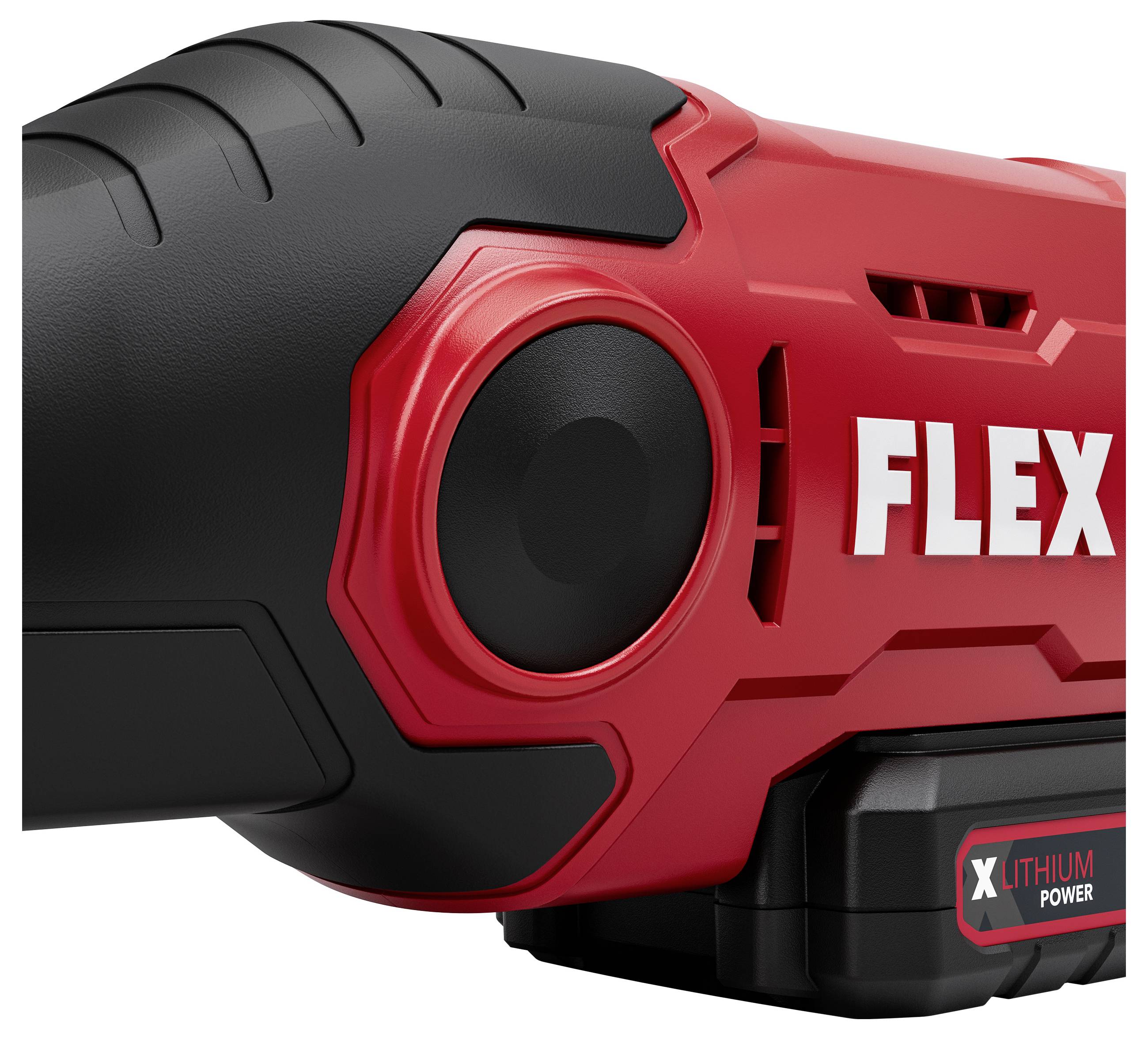 Close-up of a red and black FLEX lithium power tool battery pack with brand name visible.