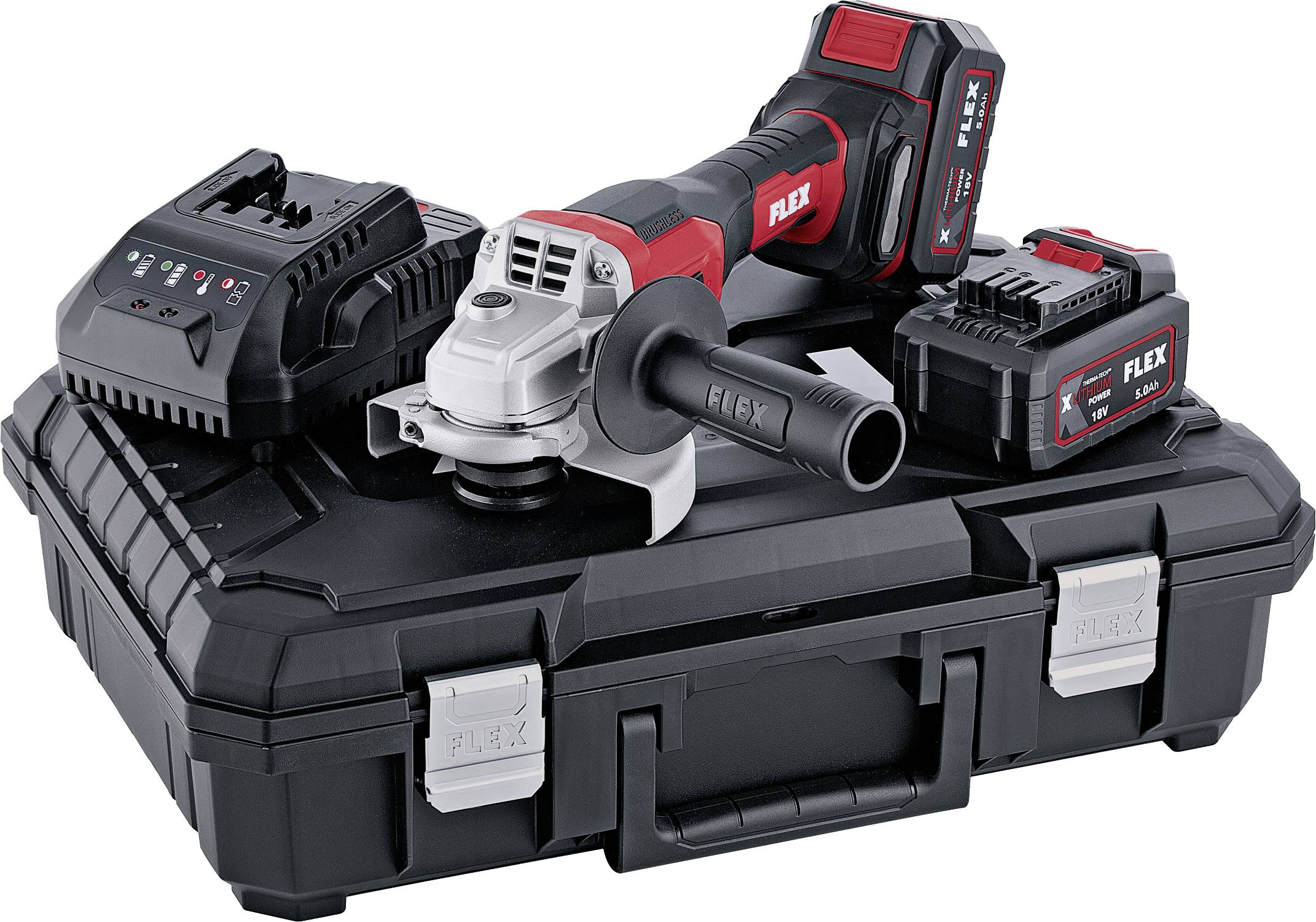 Cordless FLEX angle grinder kit in a hard carry case, with charger and battery.