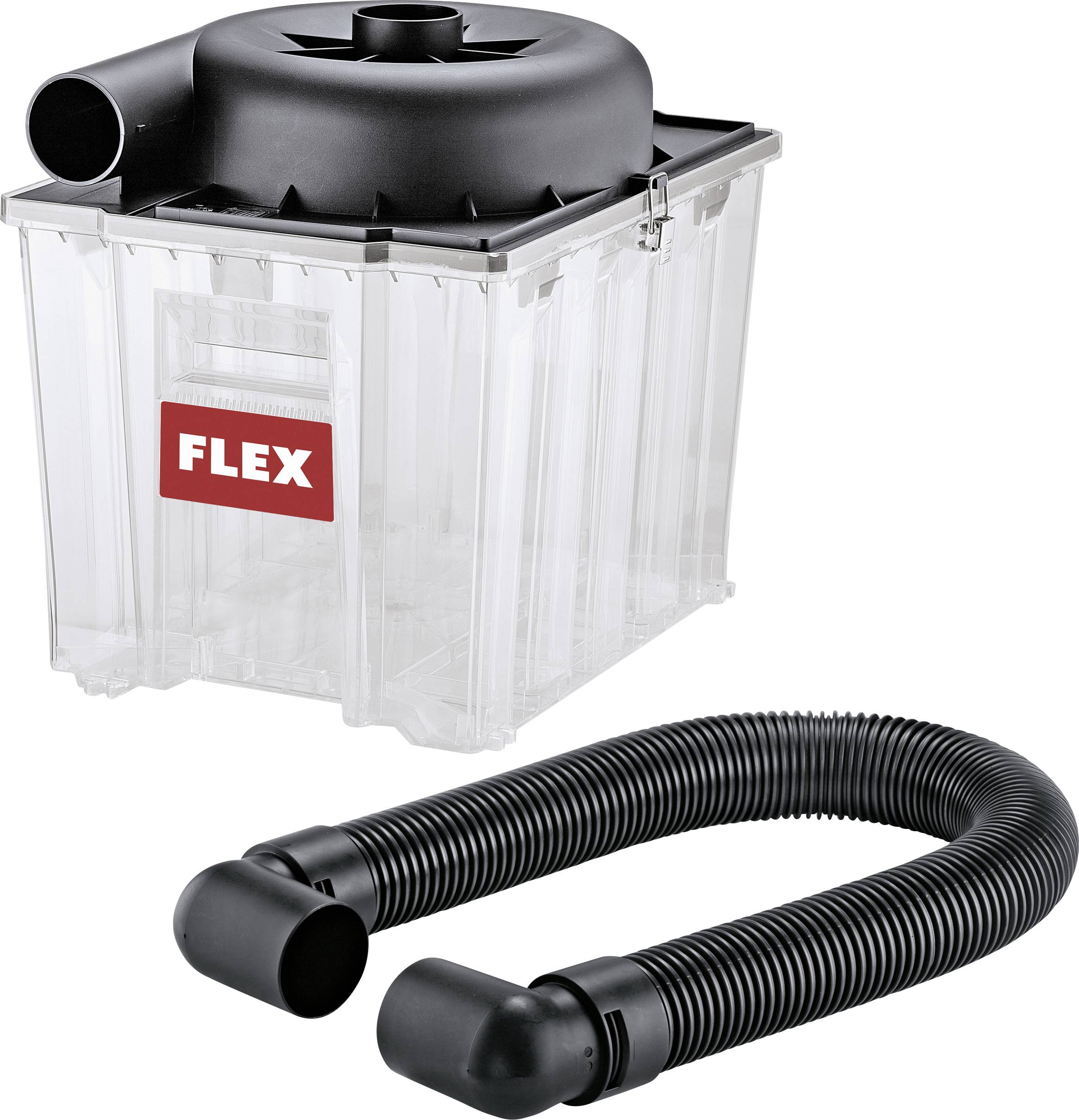 Portable dust extractor with clear collection box labeled 'FLEX' and attached black corrugated hose on white background.