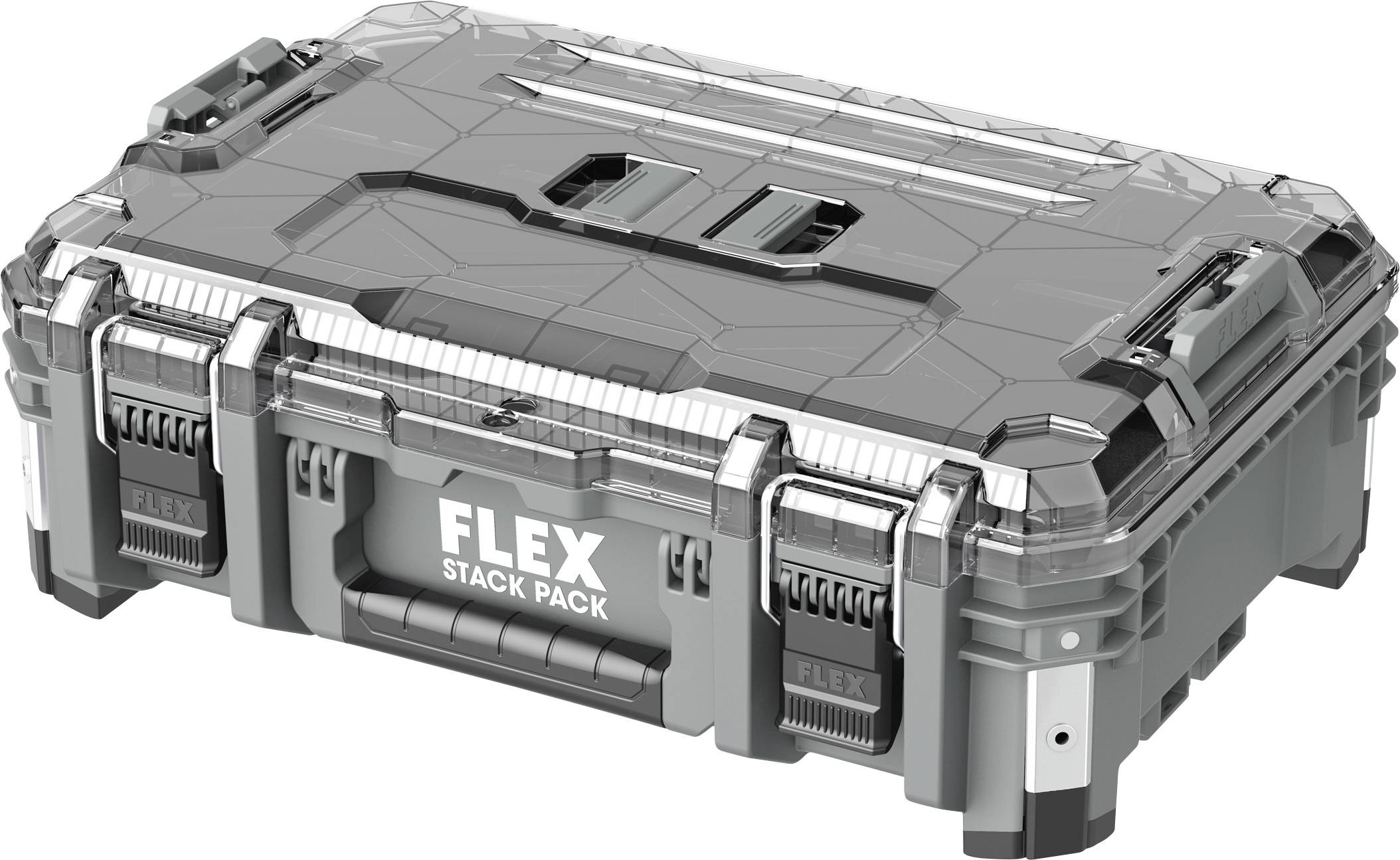 Gray FLEX STACK PACK portable storage case with latching lid and reinforced corners, shown closed on a white background.