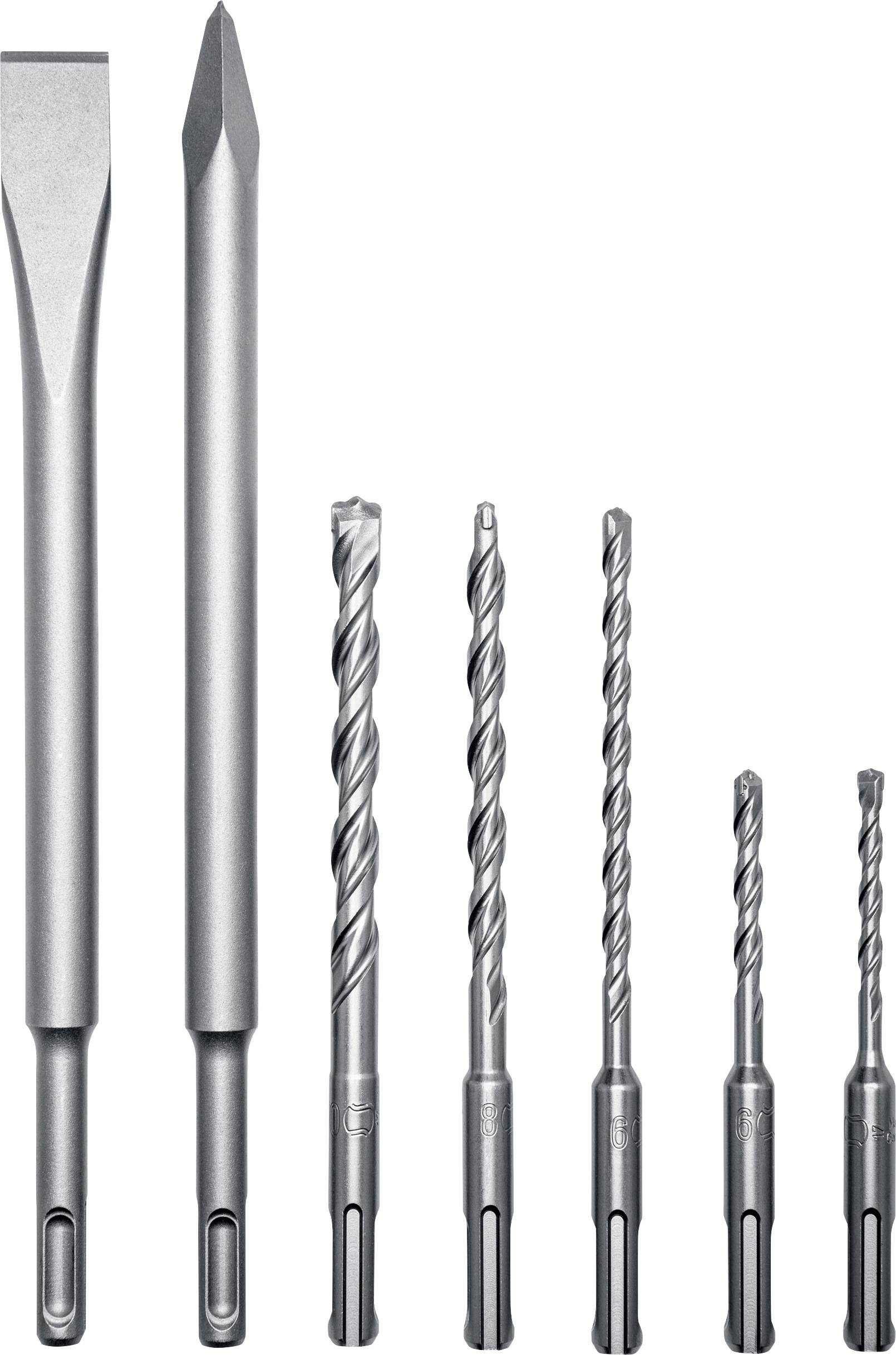 Set of metal drill and chisel bits of varying sizes arranged vertically on a white background.