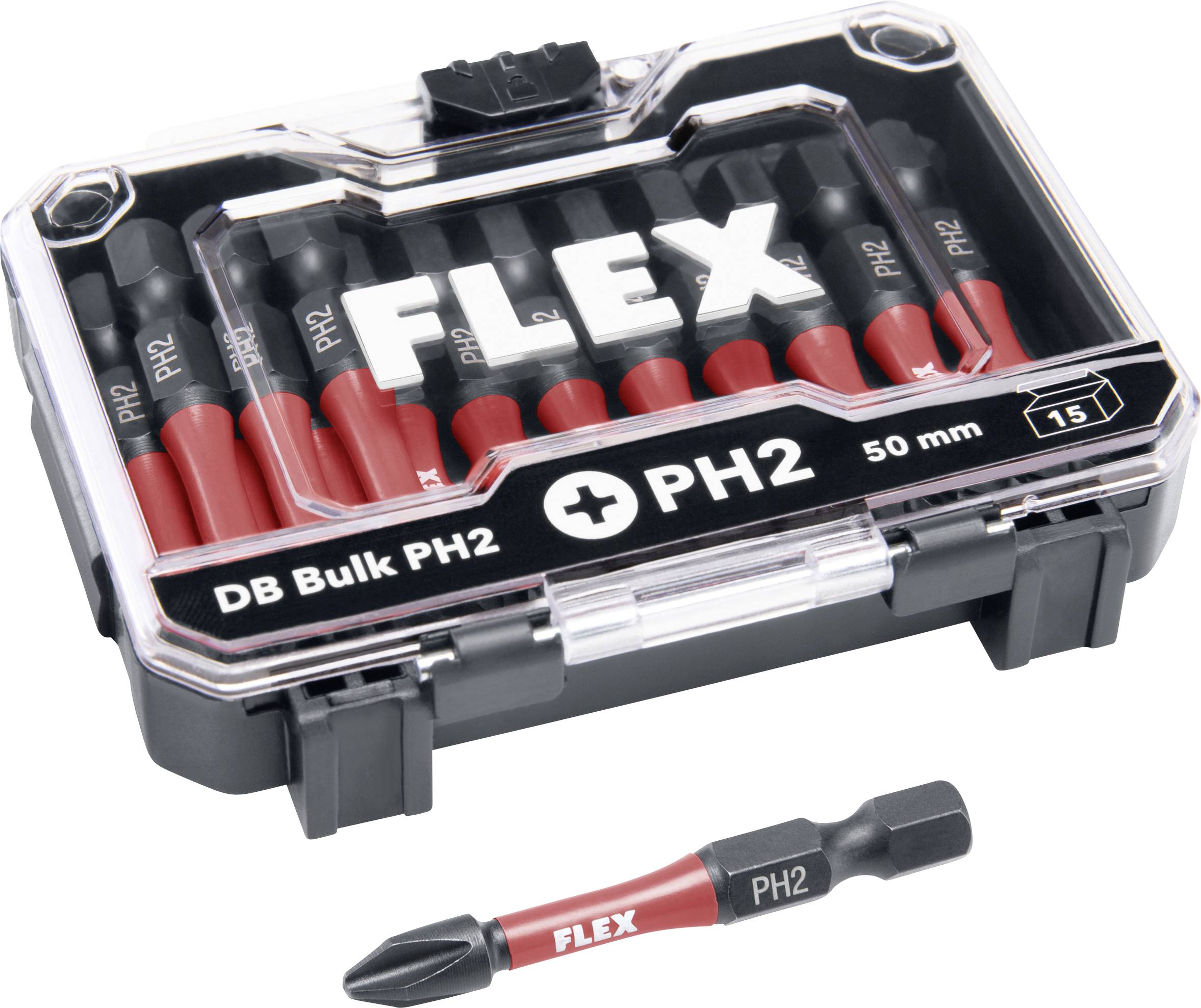 Set of 15 PH2 Phillips screwdriver bits in a clear plastic case, with one loose bit shown below.
