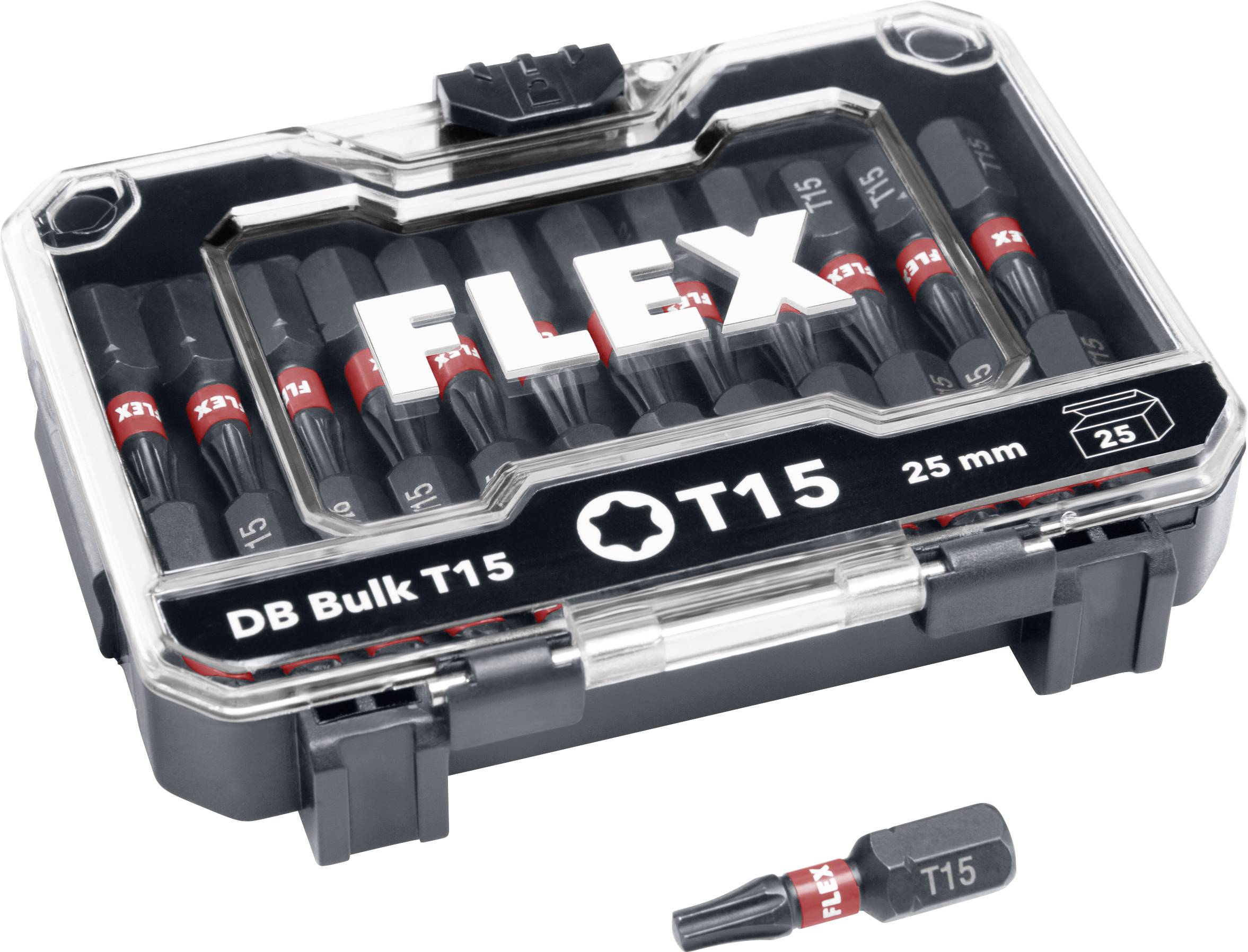 FLEX T15 25 mm bulk screwdriver bit set in a clear plastic storage case, with one T15 bit shown outside the case.