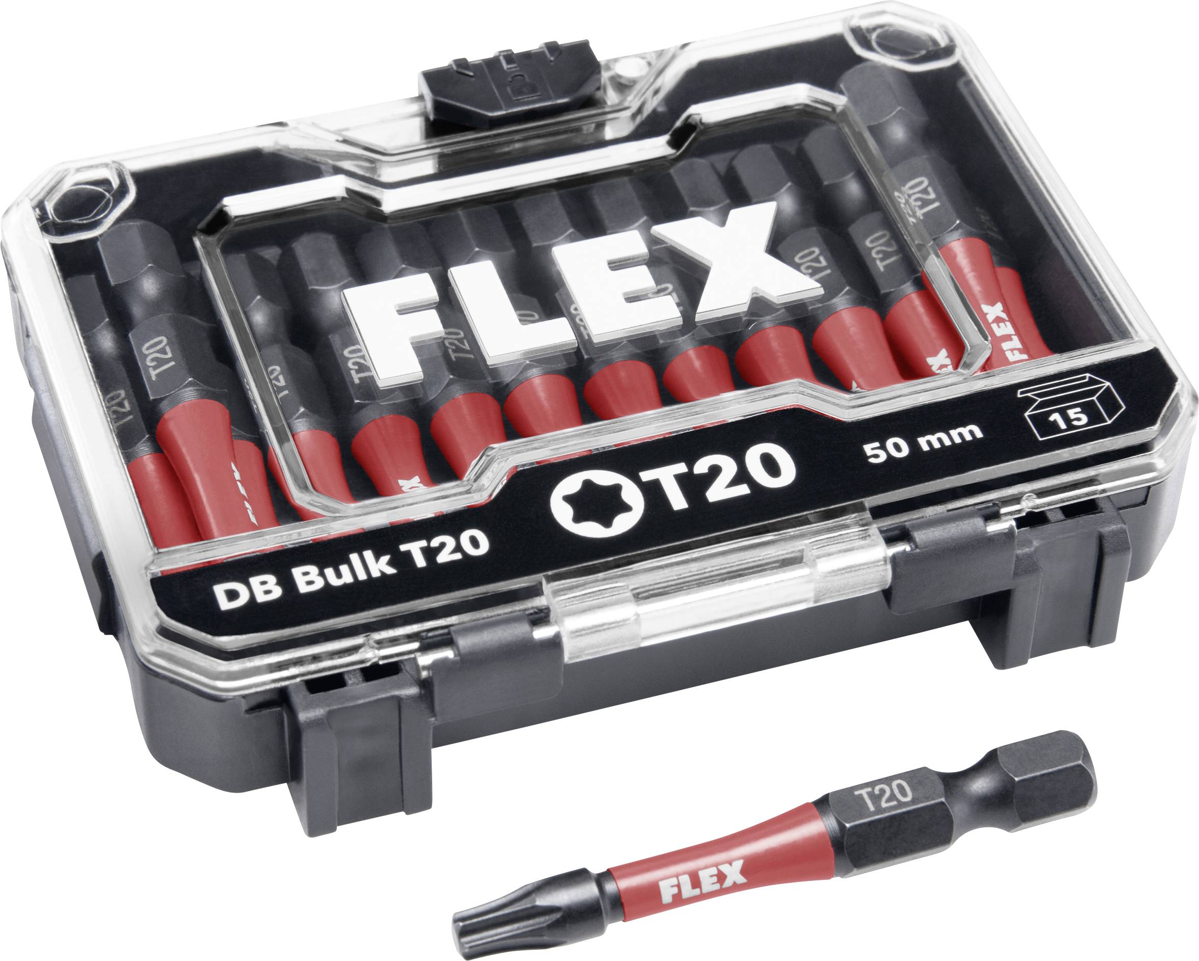 FLEX DB Bulk T20 50 mm screwdriver bit set in a black plastic case, with one loose red-and-black T20 bit shown below.