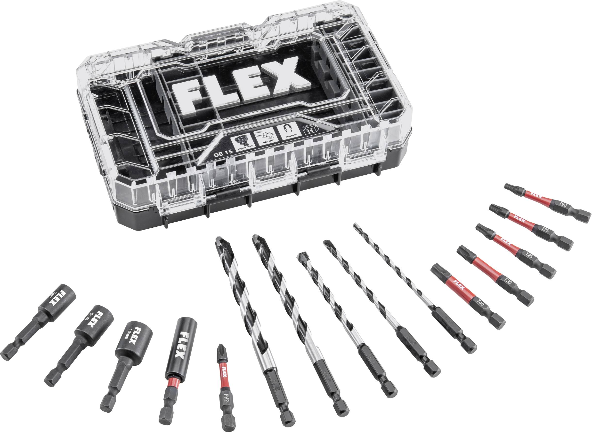 Flex drill and driver bit set in a clear plastic case, with assorted drill bits and screwdriver bits laid out below.